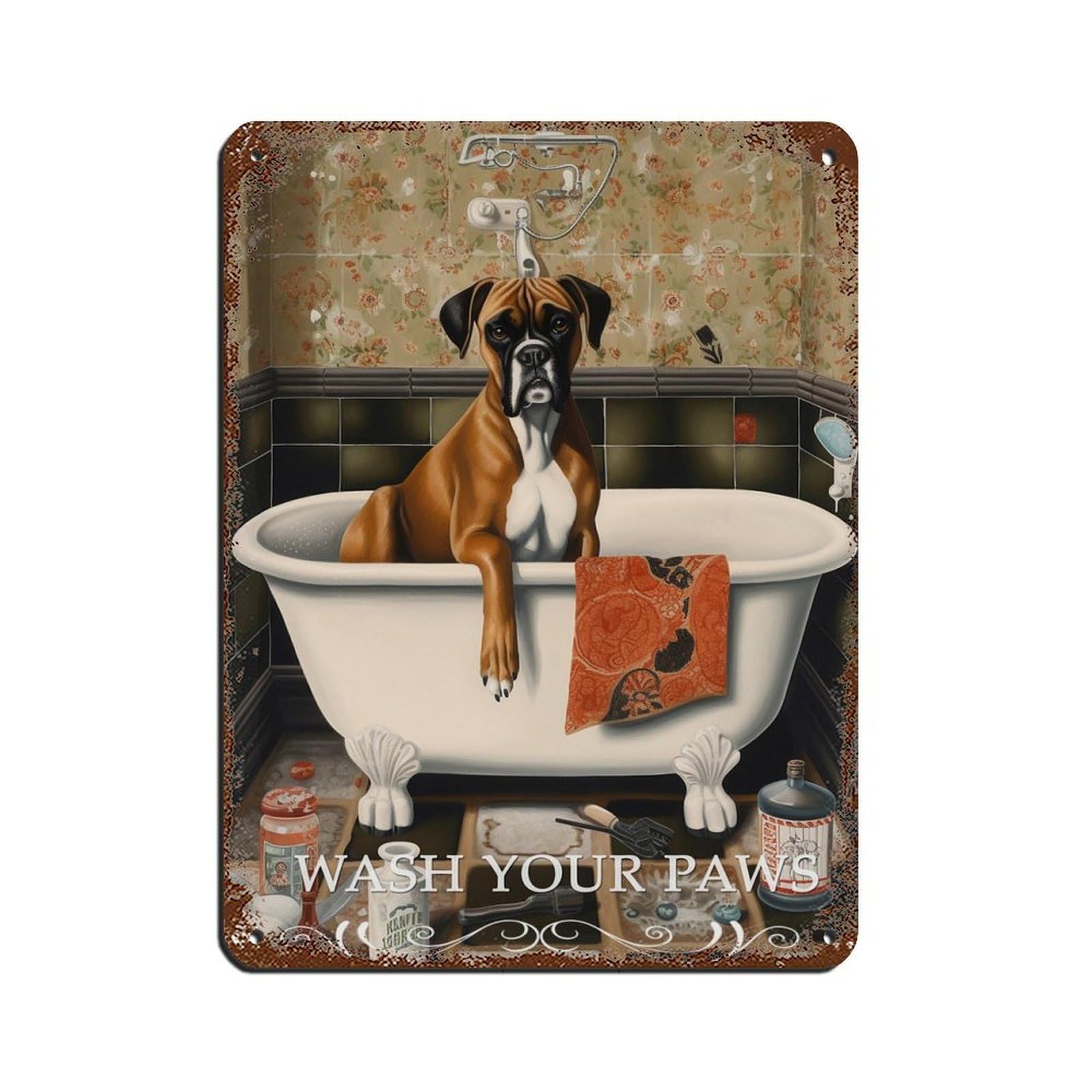 Boxer in Bath Print Fun Bathroom Art Dog Lover Gift Tin Sign Vintage Metal Pub Club Cafe Bar Home Wall Art Decoration Poster Retro 12x16inch(30x40cm)