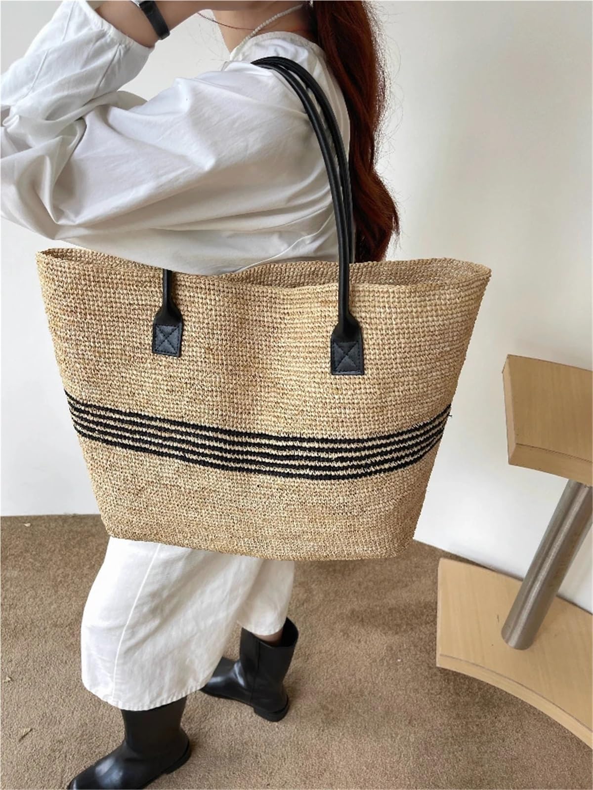 Bolso de Hombro de Paja Bolsos de mano grandes paja for mujer, bolsos y rafia tejidos a verano, bolso playa tejido al hombro