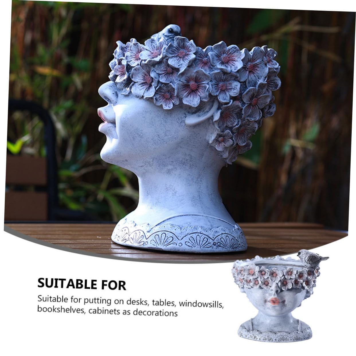 Toyvian Pot de Fleurs Solaire Visage de Jeune Fille pour Jardin et Balcon, Pot en Résine Gris Moyen, Décoration Extérieure Lumineuse et Créative, Ornement Artistique Moderne