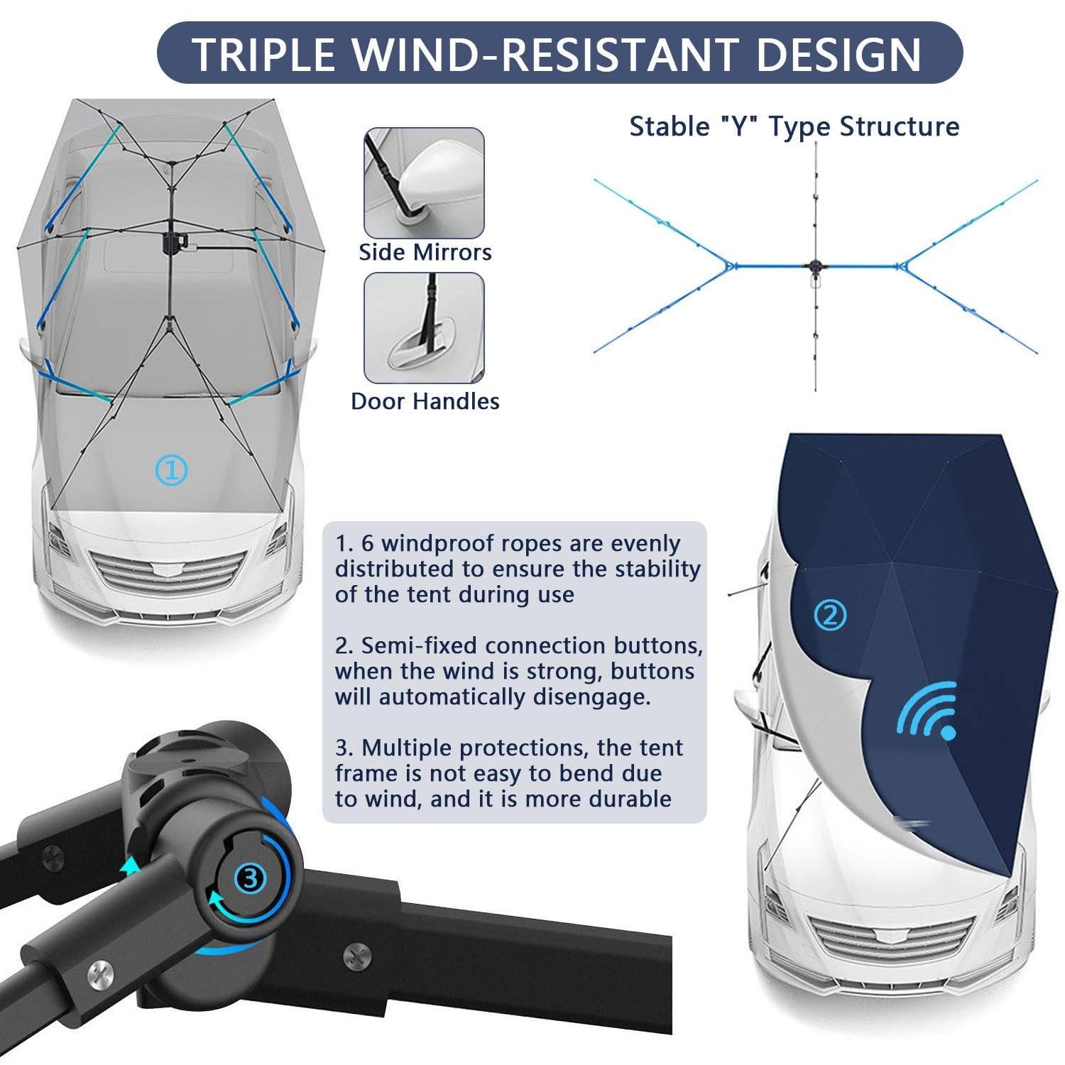 Pare-Soleil de Voiture Automatique avec télécommande, Tente Parapluie entièrement Automatique de 4,8 m/5,2 m, Tissu Oxford 300D et Batterie 3000 mAh, Pare-Soleil Pliable Facile Blue-4.8m