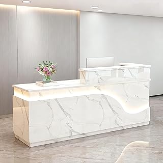 Reception Desk, Modern Checkout Counter with Lockable Drawer, Keyboard Tray, and lockers, White Fish Belly Pattern Receptionist Desk for Corporate, Shop, Salon(Fish Belly Pattern - L, 63in)