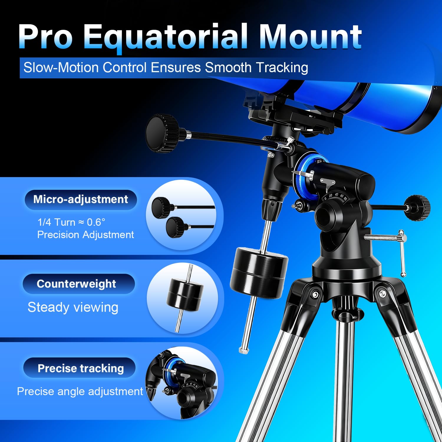150EQ Telescopio Astronómico Adultos, Profesional Telescopio Reflector Portátil Principiantes con Montura Ecuatorial, Trípode, Adaptador Teléfono, Filtro Lunar y Bolsa de Transporte