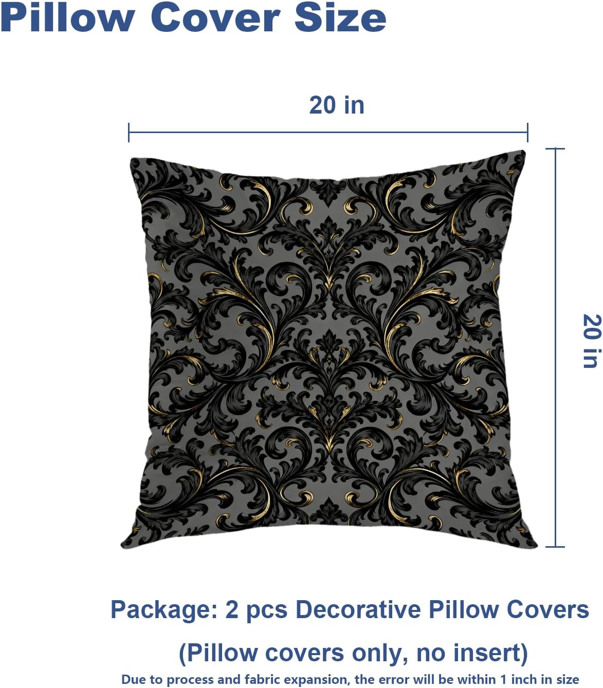 Batmerry Black Gothic Grey Dark Throw Pillow Covers, Flourish Damask Gray On Black Decorative Pillow Covers Digital Printing Blended Fabric for Couch Sofa Bed Invisible Zipper 20X20 in(Set of 2)