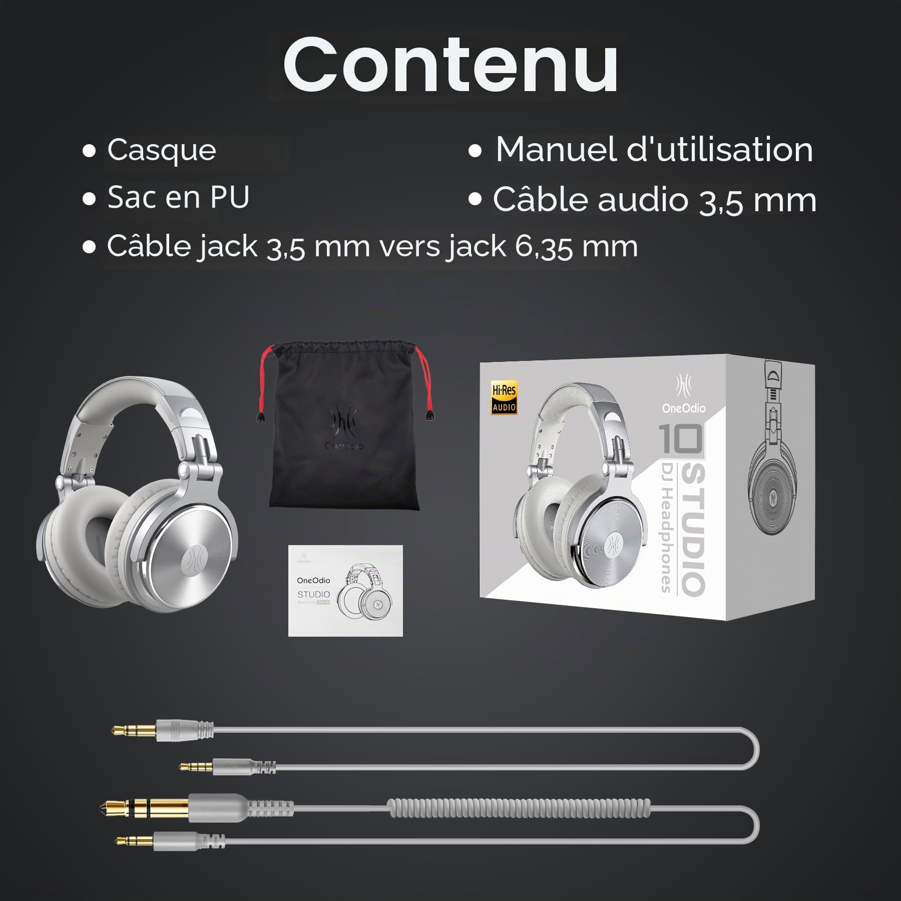 OneOdio Casque Supra-auriculaire avec câble, Pilote 50 mm, Son Basse, Jack 6,35 et 3,5 mm, Port de Partage, Casque DJ fermé pour Studio, Podcast, Moniteur, téléphone Portable, PC, MP3/4 (Pro-10 Gris