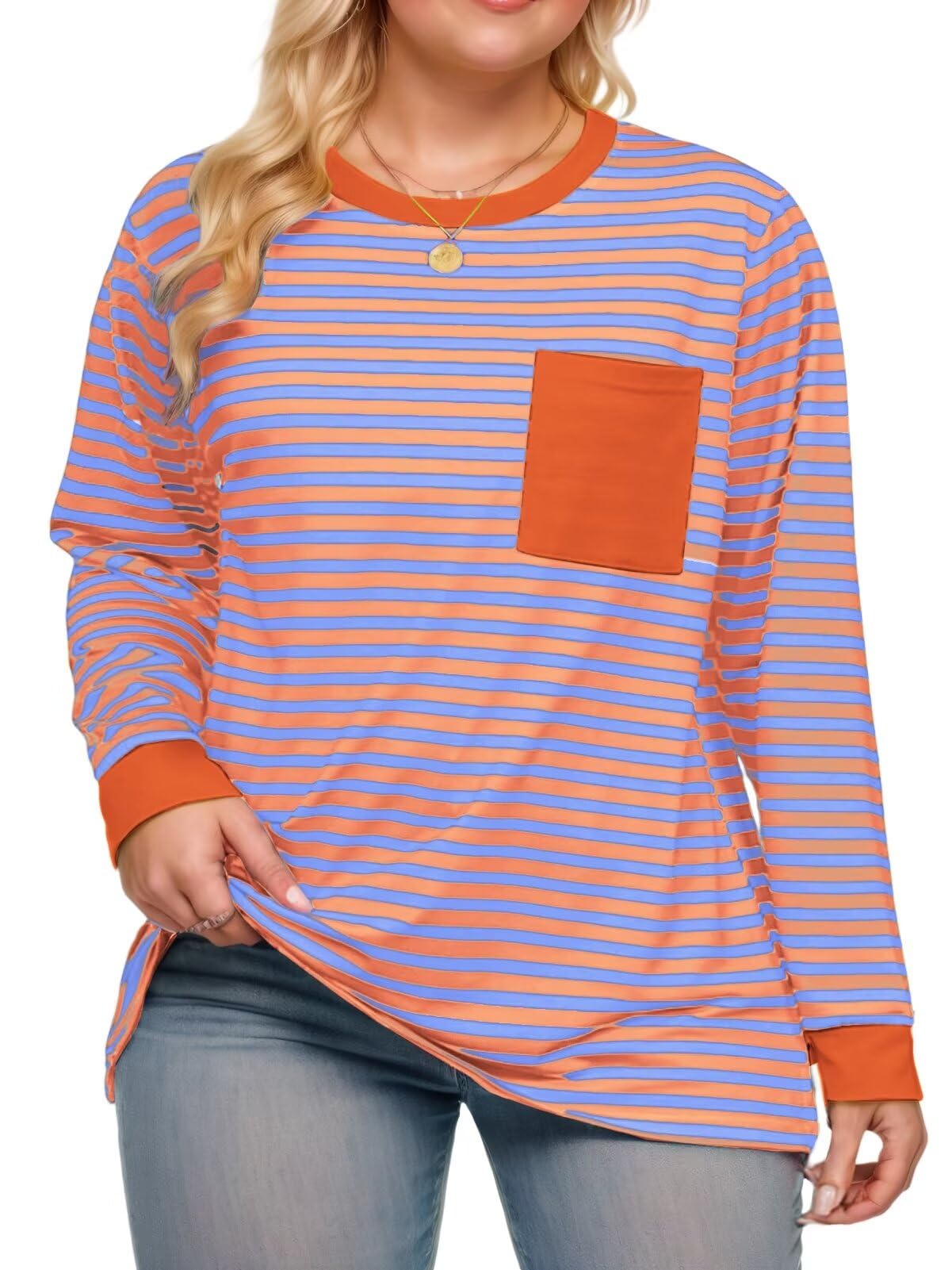 DOLNINE Women's Plus Size Tops Crewneck Long Sleeve Shirts Casual Color Block Striped Tunic Blouses with Pocket XL-5XL