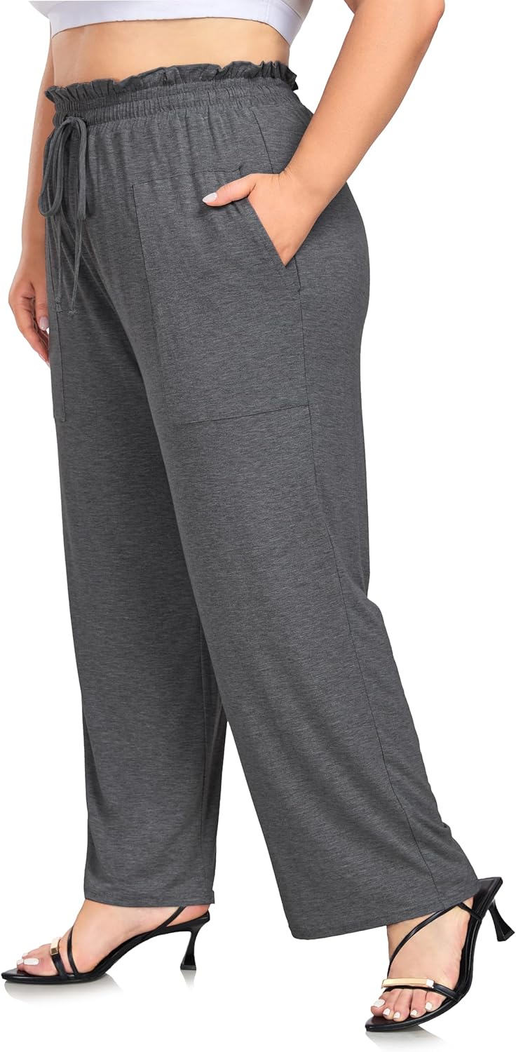 ZERDOCEAN Women's Plus Size Wide Leg Pants High Waisted Casual Lounge Yoga Pants with Drawstring Pockets - Image 3