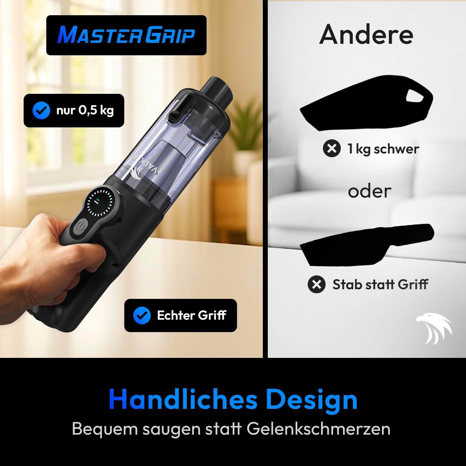 VALKER® Handstaubsauger Akku [TESTSIEGER] Starke Saugleistung 80000 RPM | Druckluft Funktion 2-in-1 | Waschbarer HEPA-Filter | Handsauger Kabellos für Auto & Zuhause | Mastergrip