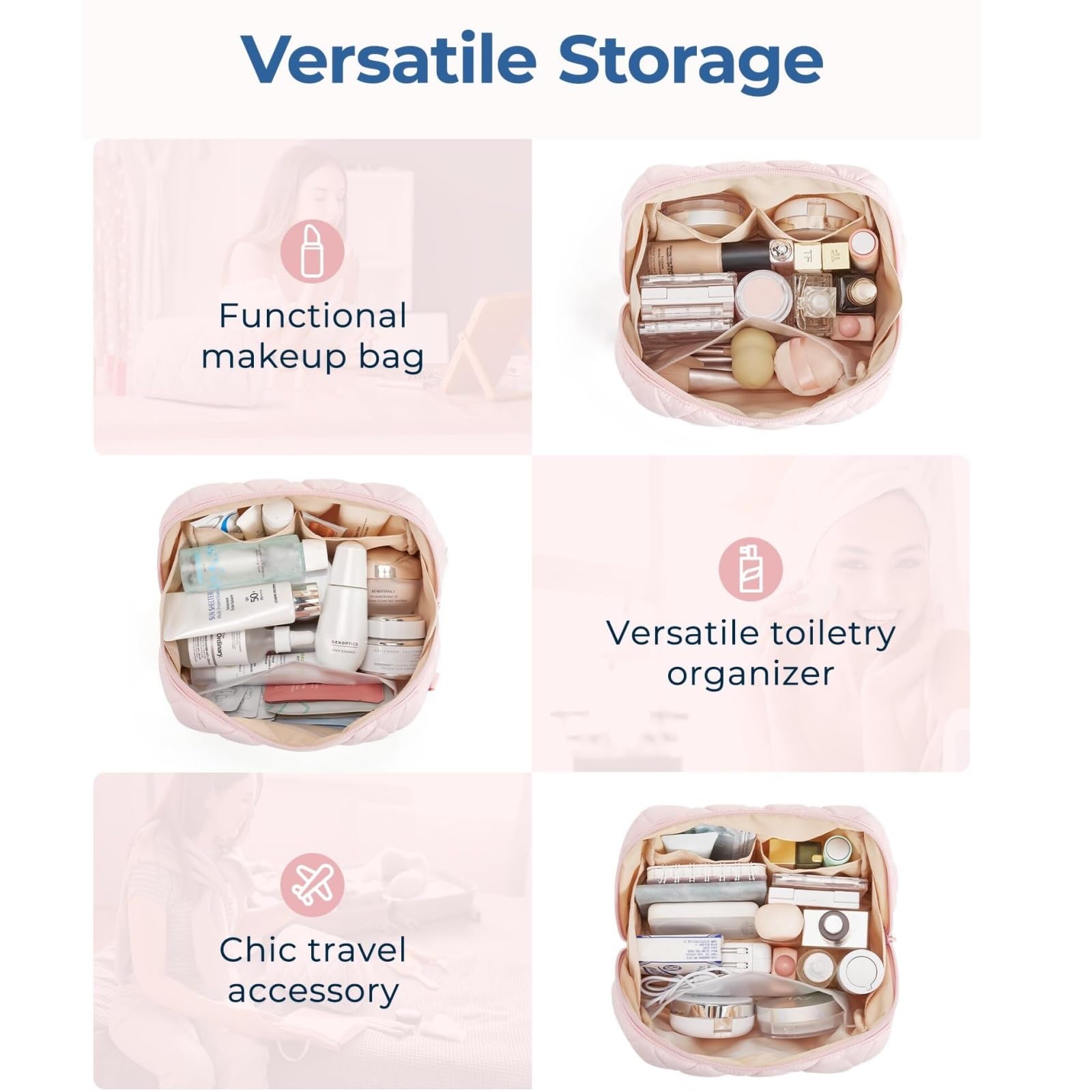Kosmetiktasche Damen Reise-Kosmetiktasche, Flauschige, Verdickte Kosmetiktasche, Kosmetiktasche Mit Breiter Öffnung Kulturbeutel(Pink)
