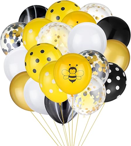 Skylety Kit de decoración de globos de abeja de 100 piezas, globos de feliz día de abeja, confeti, globos de látex negro y amarillo para decoración