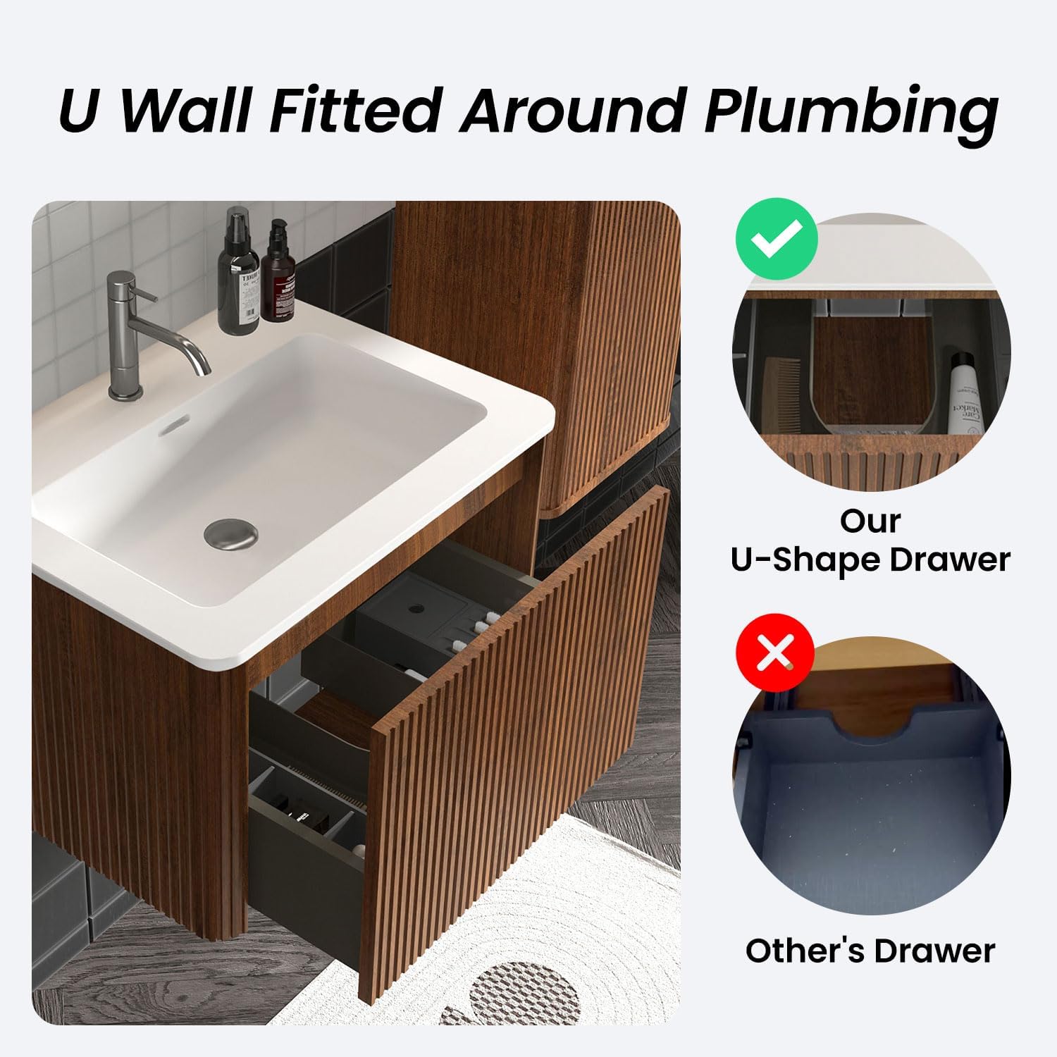 24 Inch Bathroom Vanity with Sink, Modern Floating Vanity with Push Open Drawer, Large Storage for Small Space, Apartment, Hotel, Walnut, Fully Assembled - Camellia Collection