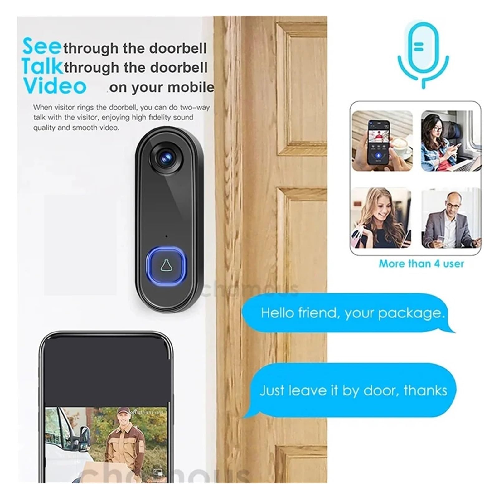 Timbre con vídeo Inteligente Timbre WiFi, Timbre Visual, Almacenamiento en la Nube, Control Remoto por teléfono móvil, Portero automático antirrobo oficinas y hogares