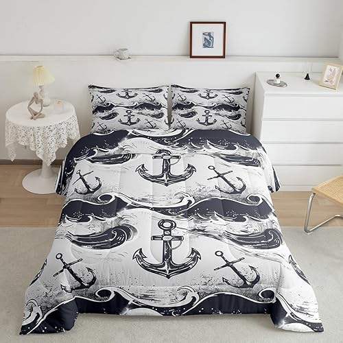 Miniatura 36 de Erosebridal Juego de edredón de ballena náutica, tamaño matrimonial, juego de ropa de cama retro azul con ondas oceánicas para niños y niñas, Negro