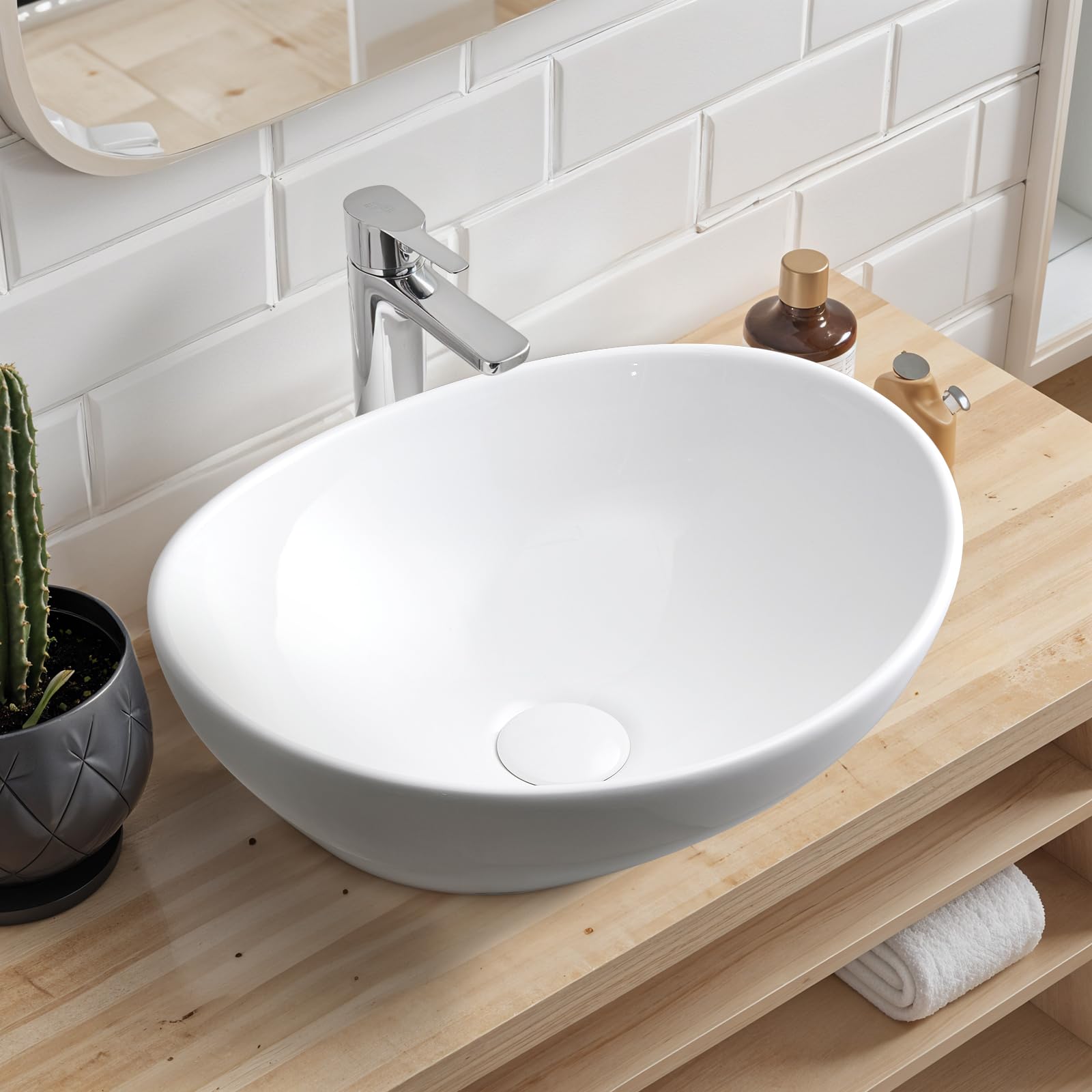Warmiehomy Countertop Bathroom Vessel Ceramic Sink,Ovel Bowl Ceramic Basin with Waste Drainer for Bathroom Cloakroom Vanity Lavatory (White,41x34x14cm) — image 1