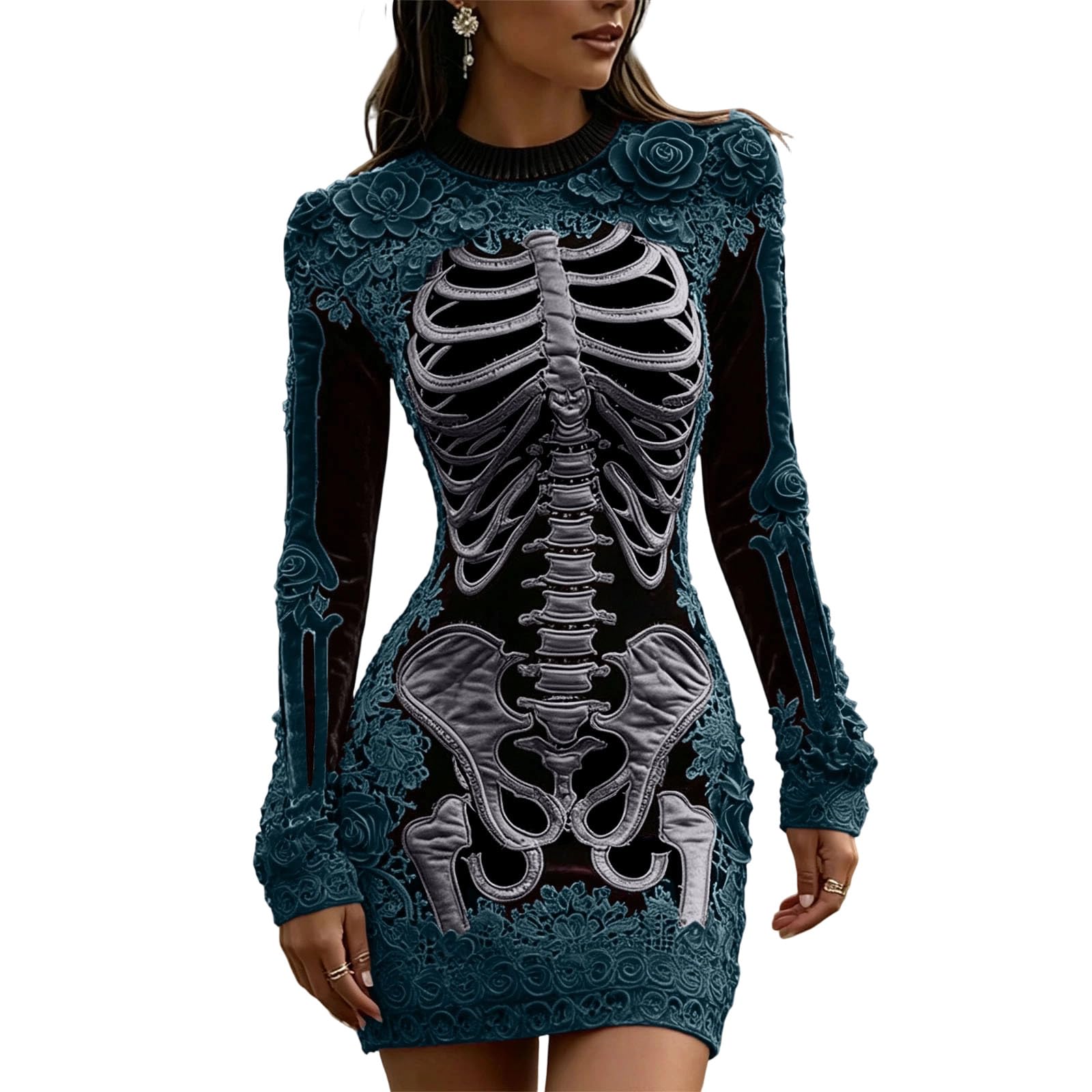 Women Halloween Costume Vintage Long Sleeve Crew Neck Gothic Mini Dress — image 1