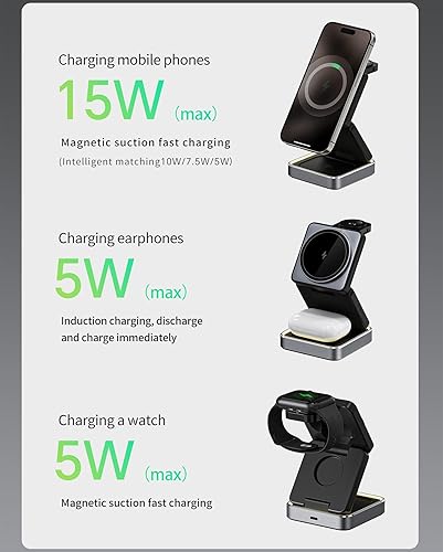 Miniatura 4 de Cargador inalámbrico 3 en 1 para iPhone y Apple Watch, estación de carga inalámbrica plegable con luz nocturna para cargador magnético de viaje