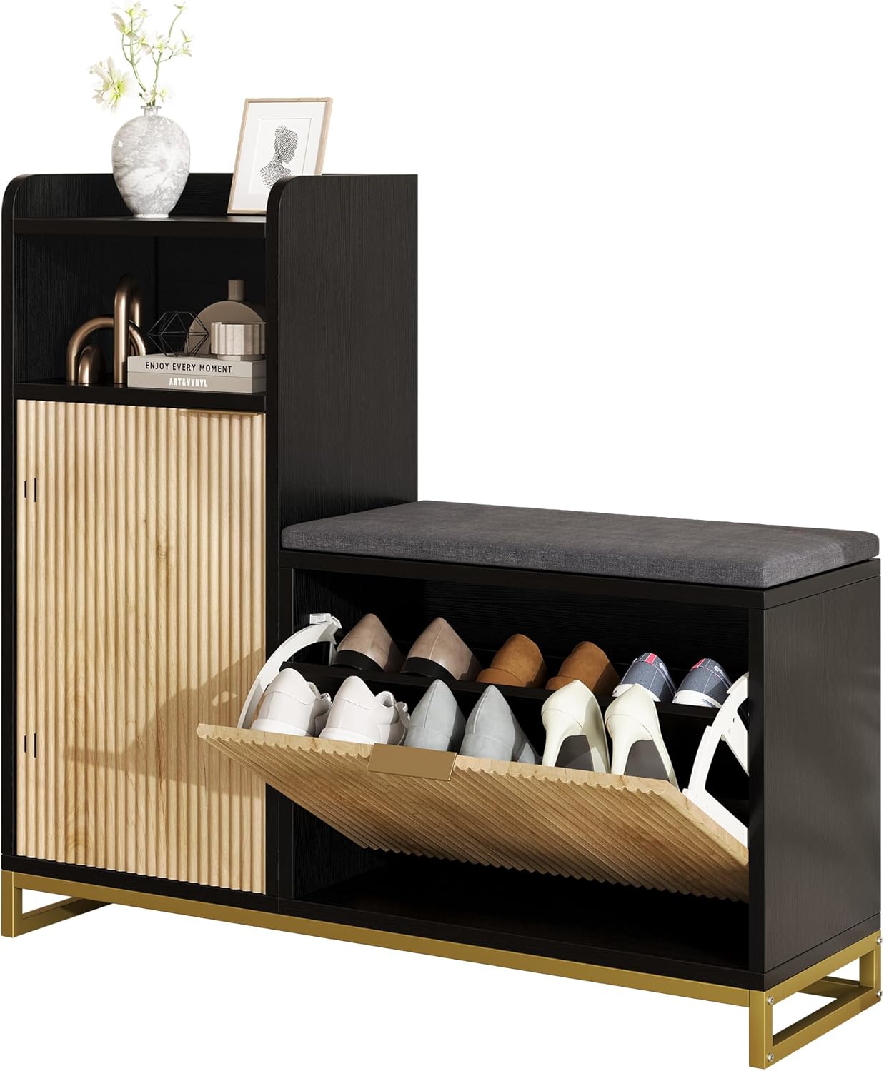 L-Shaped Shoe Storage Bench with Flip Drawer & Adjustable Wave Shelves, 39''W Entryway Bench with Machine-Washable Cushion, Rustic Wood-Look Top & Steel Frame for Hallway, Living Room, Black