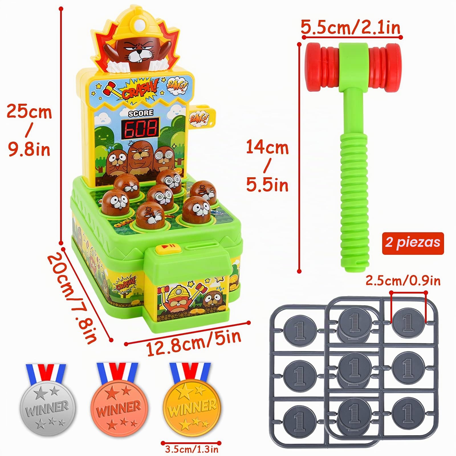 Ulikey Juguete de Martillo, Golpea Topo Juego con 2 Martillos+12 Monedas, Mini Juego Arcade Electrónico, Juguetes Montessori Juego Interactivo de Golpear para Niños de 3 a 6 Años
