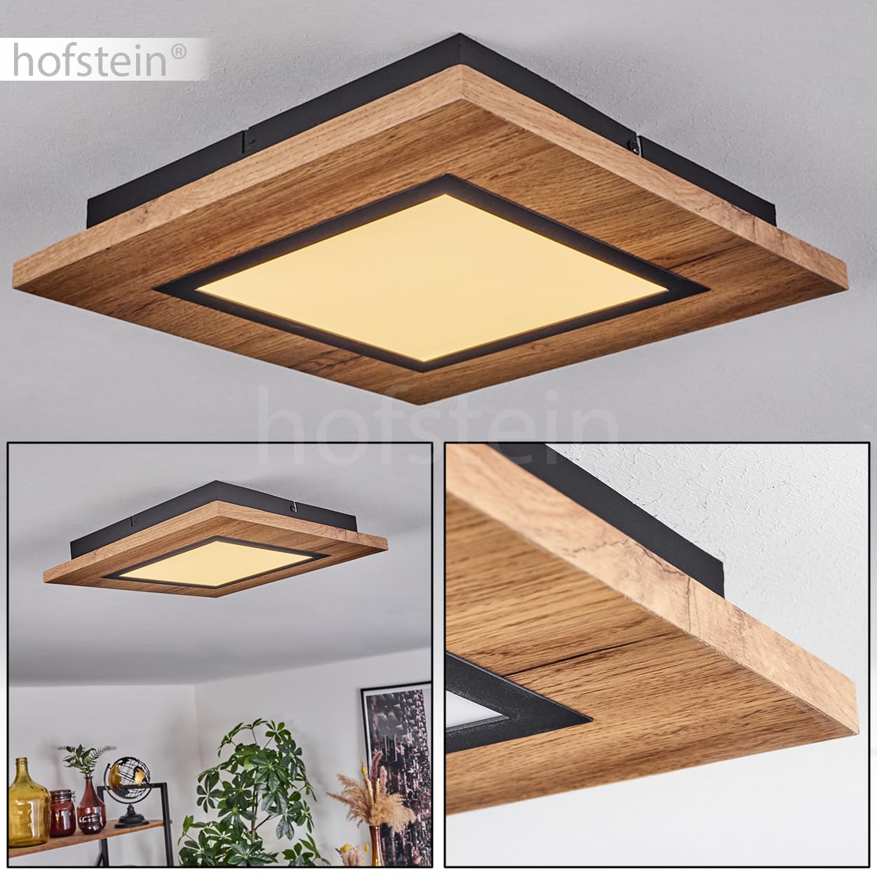 Lampa przysufitowa LED Salmi, lampa przysufitowa wykonana z metalu/MDF/plastiku w kolorze czarnym/o wyglądzie drewna/brązowym/białym, światło kątowe (30 cm x 30 cm), 1200 lumenów, 3000 K, LED 12 W