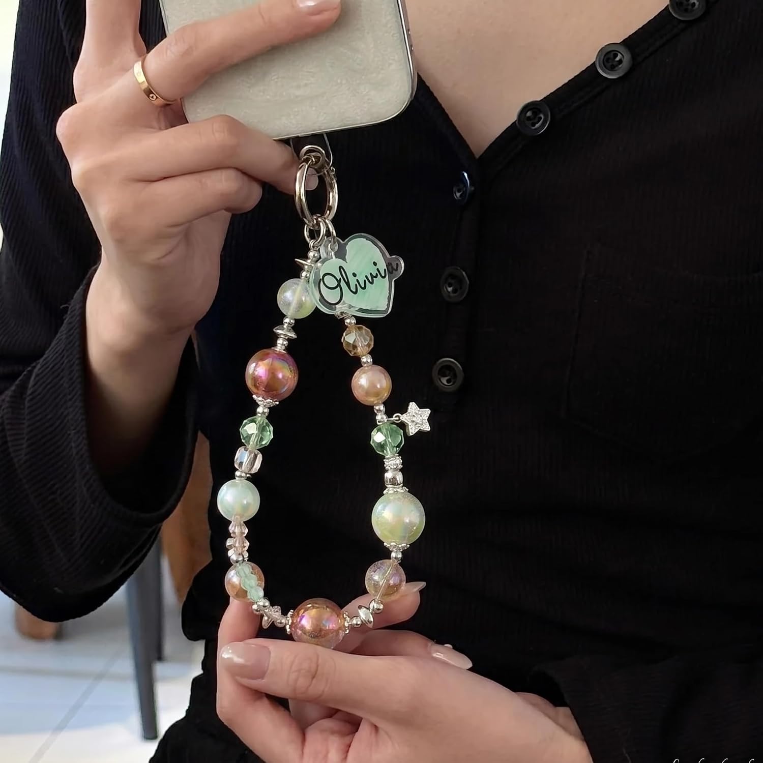 Personalized Custom Phone Charm Wrist Strap Elegant Pearl Crystal Beaded Heart Name Tag Gift for Her