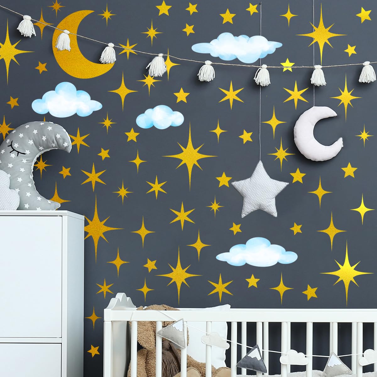 Runtoo Star Wall Decals for Nursery Sparkle Gold Moon Cloud Stars Wall Stickers Peel and Stick Girls Bedroom Kids Decor