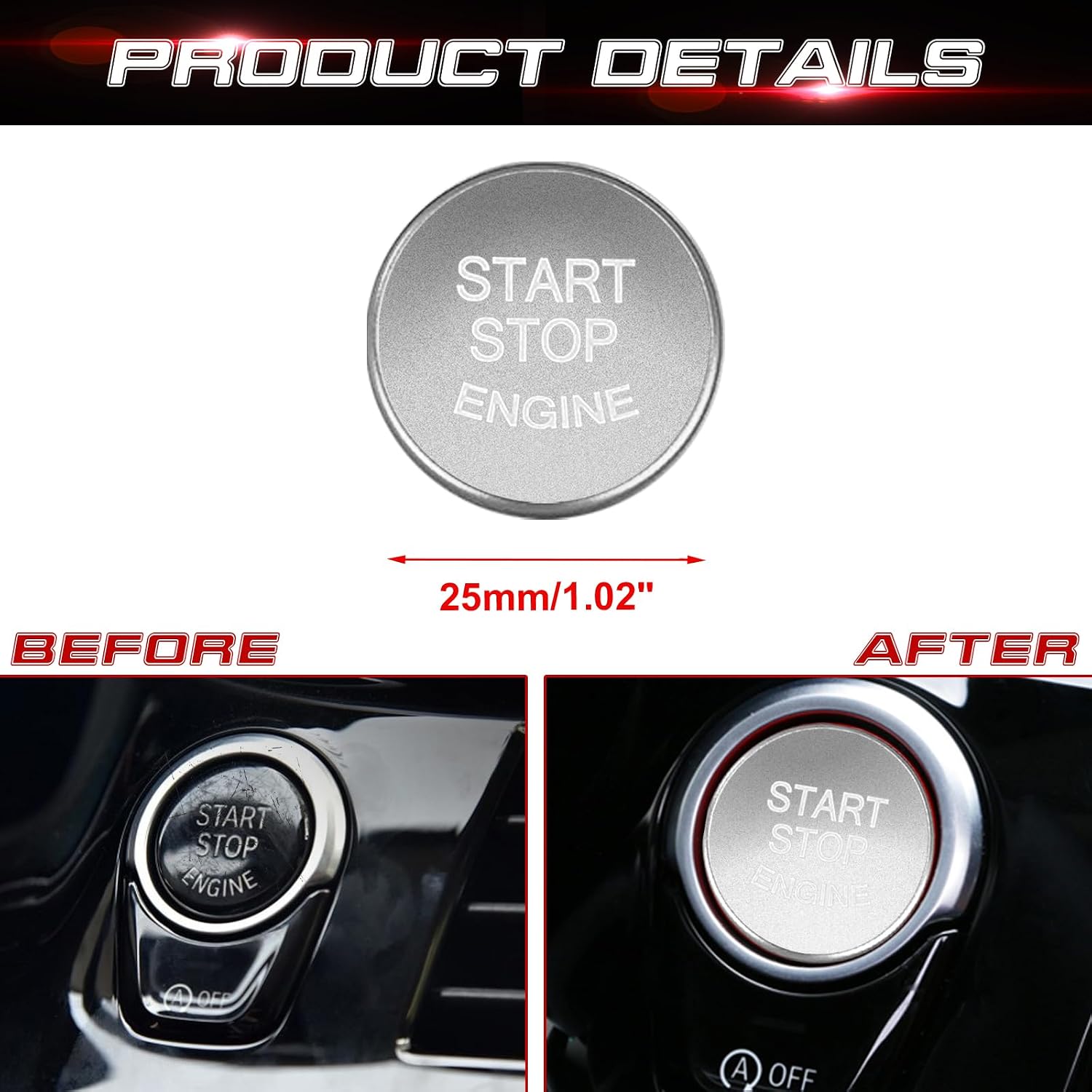 x xotic tech Sports Silver Aluminum Keyless Engine Start Stop Push Button Cover Sticker Start Ignition Button Trim Decal Compatible with BMW 1 2 3 4 5 7 Series X1 X3 X4 X5 X6 F20 F22 F30 F32 F48