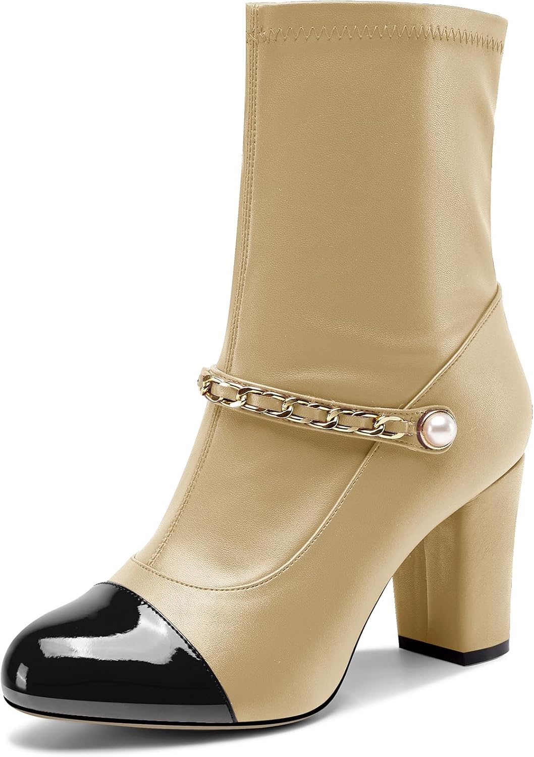 DearOnly Womens Block Heel Dress Patchwork Metal Chain Slip-on Ankle Boots Short Bootie Cute Pearls Round Toe Prom Casual Zipper Boots