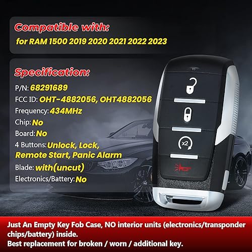 Miniatura 3 de Funda de repuesto para llavero con control remoto inteligente, 4 botones para RAM 1500 2019 2020 2021 2022 2023 compatible con FCC ID: OHT-4882056,