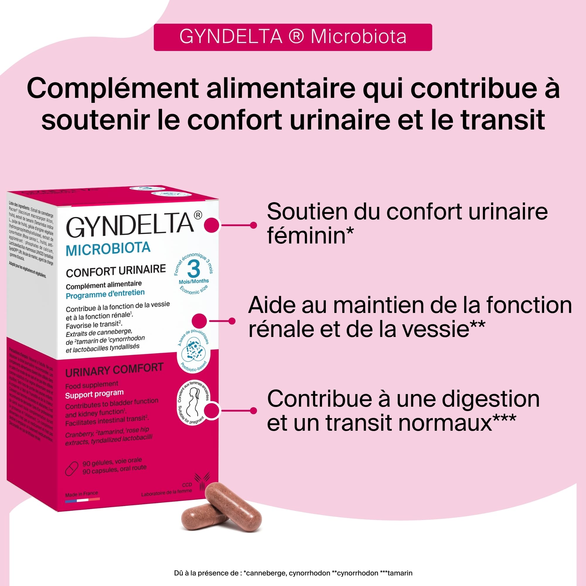 GYNDELTA® Microbiota | Confort urinaire et digestif de la femme | Canneberge Pacran®, Tamarin, Cynorrhodon & probiotiques | 90 gélules végétales | Cure 3 mois | Fabriqué en France