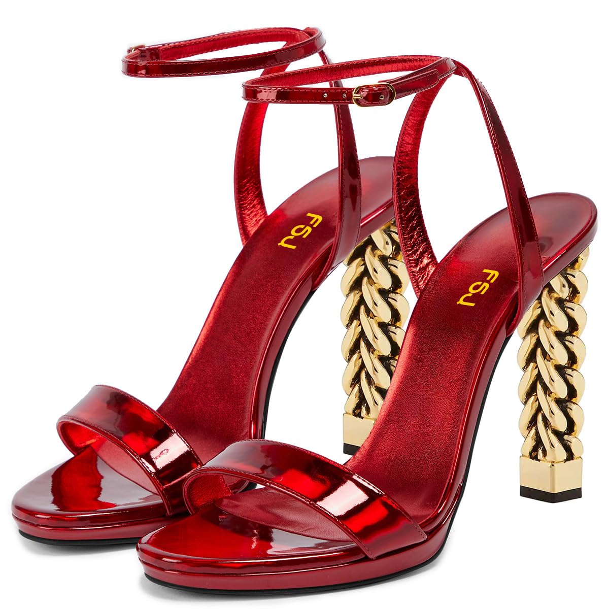 FSJ Women Gold Metal Chain Thick High Heel Sandals Open Toe Strappy Ankle Buckle Strap Slingback Comfy Summer Dress Shoes Silver Black 4-15 US