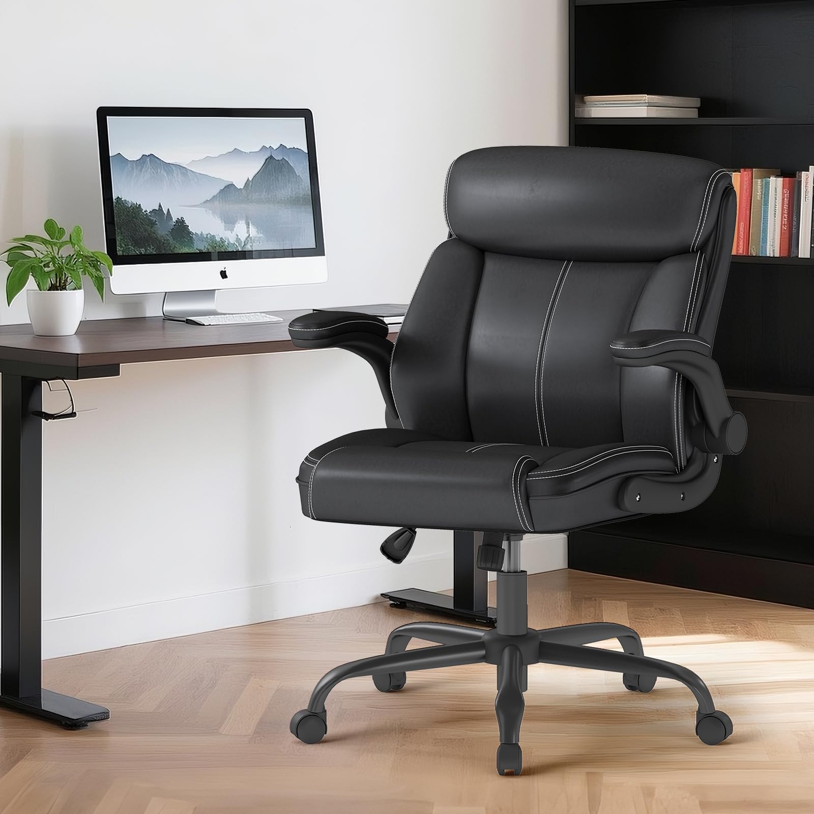 AnyGod Ergonomischer Bürostuhl, Chefsessel aus Kunstleder mit Hochklappbaren Armlehnen, Drehstuhl Schreibtischstuhl Höhenverstellbar, Belastbar bis 136 kg, für Homeoffice und Büro