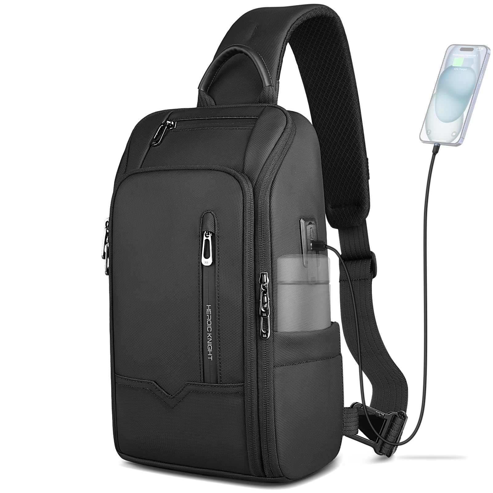 Sac Bandoulière pour Homme avec Port de Chargement USB, Antivol et étanche, Sac de Poitrine, Sac à dos à Bandoulière avec Multiples poches pour Voyages travail et Quotidien – Noir