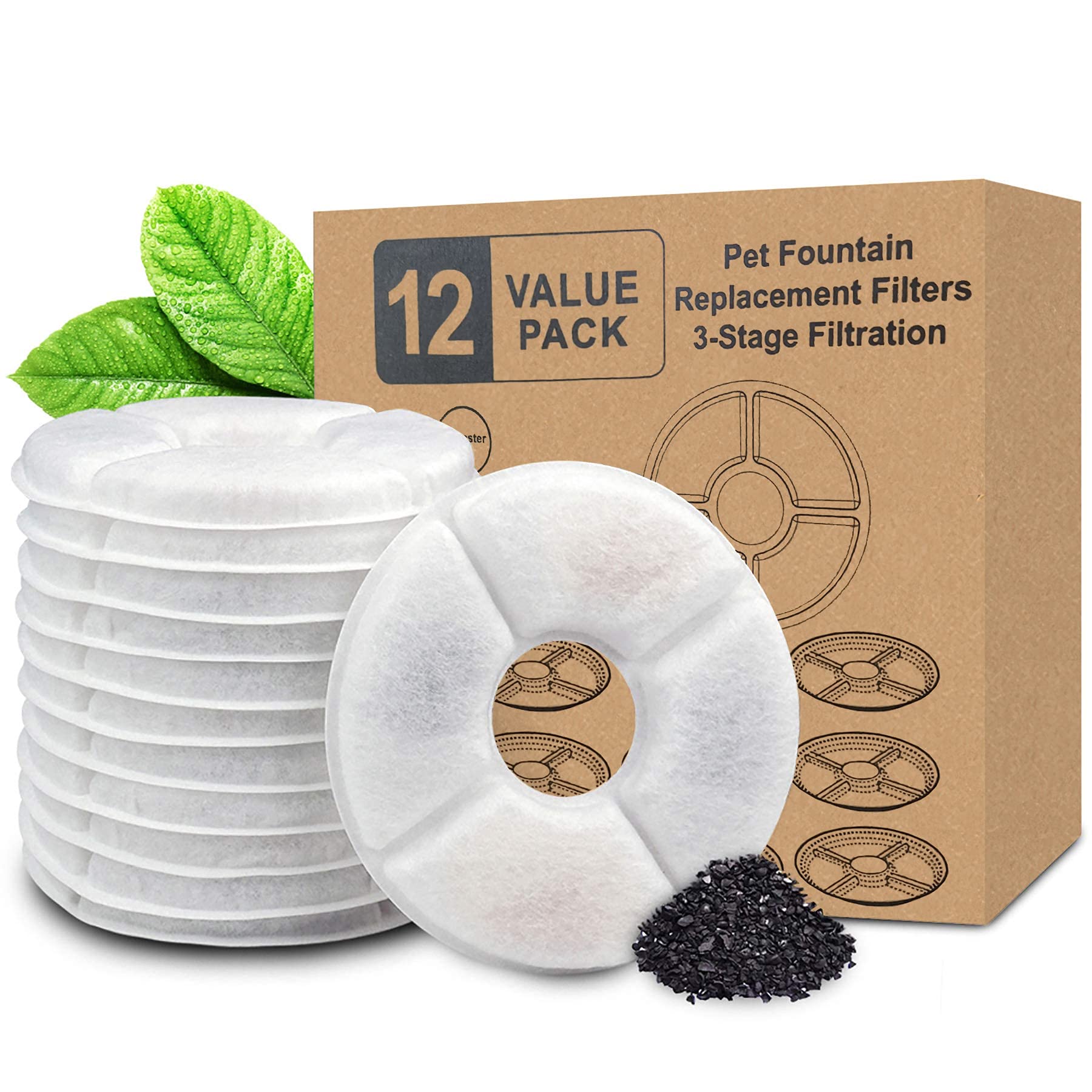 12 Pack Pet Fountain Replacement Filter, Not for Catit, Activated Carbon Filters for Cat Dog Water Fountain, Automatic Dispenser Filters for Most 54oz/1.6L, 84oz/2.5L, 81oz/2.4L Models, Diameter 5.0"