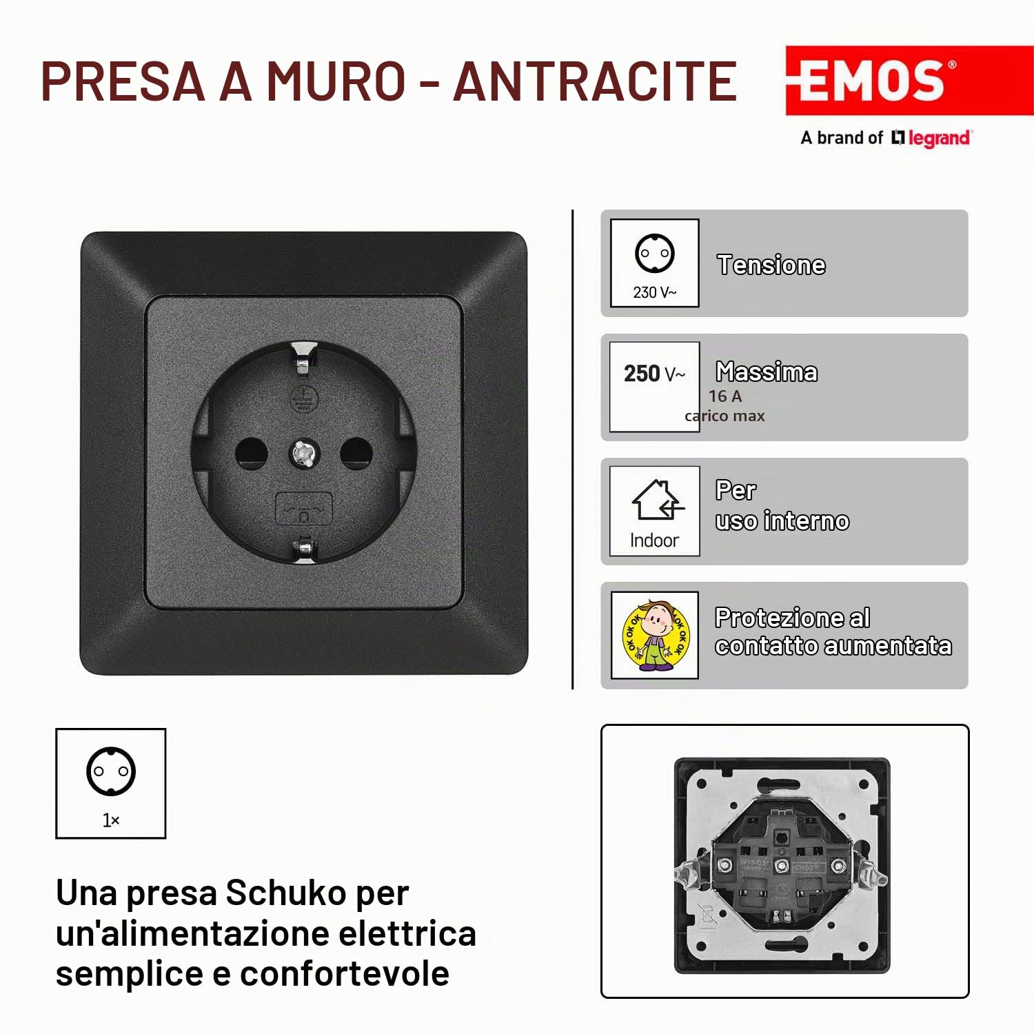 EMOS - Presa Schuko con maggiore protezione da contatto - Montaggio a incasso - 250 V, 16 A - Presa singola con interno - IP20 per interni - Antracite