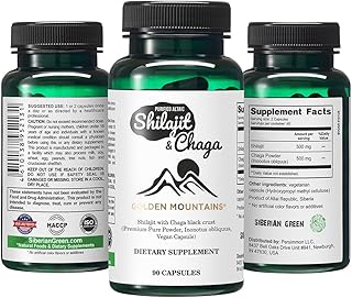 Golden Mountains Chaga Mushroom Supplements Shilajit Capsules – 90 Count Natural Vegetarian Mushroom Capsules with Shilajit, Chaga Powder – Pure and Safe Mushroom Blend Promotes Energy Focus