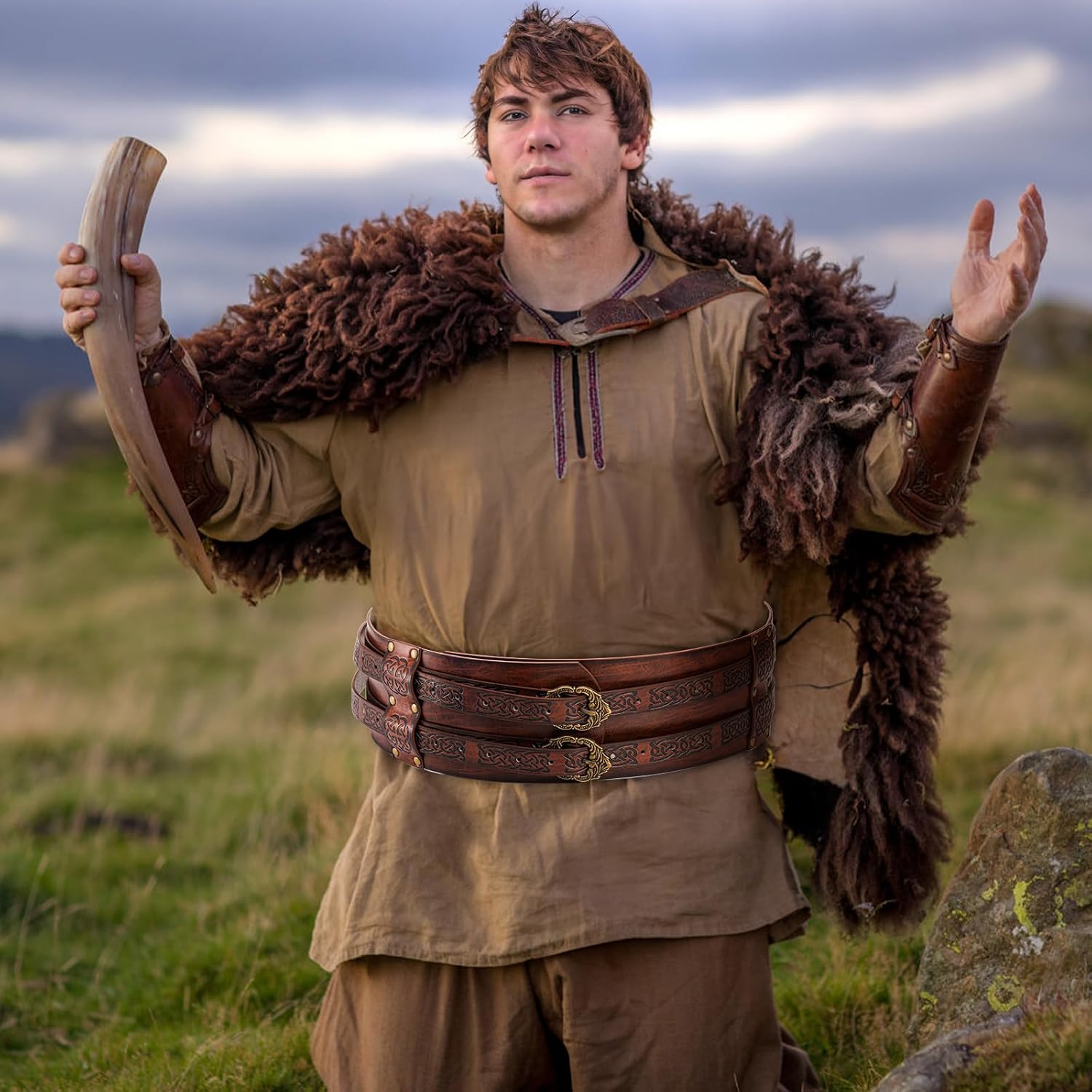 Medieval Viking Belt, Wide Embossed Buckle Belts, Faux Leather Armor Belt, Nordic Knight Corset Belts, Celtic Leather Belt, Renaissance Accessories for Halloween Cosplay - Image 6