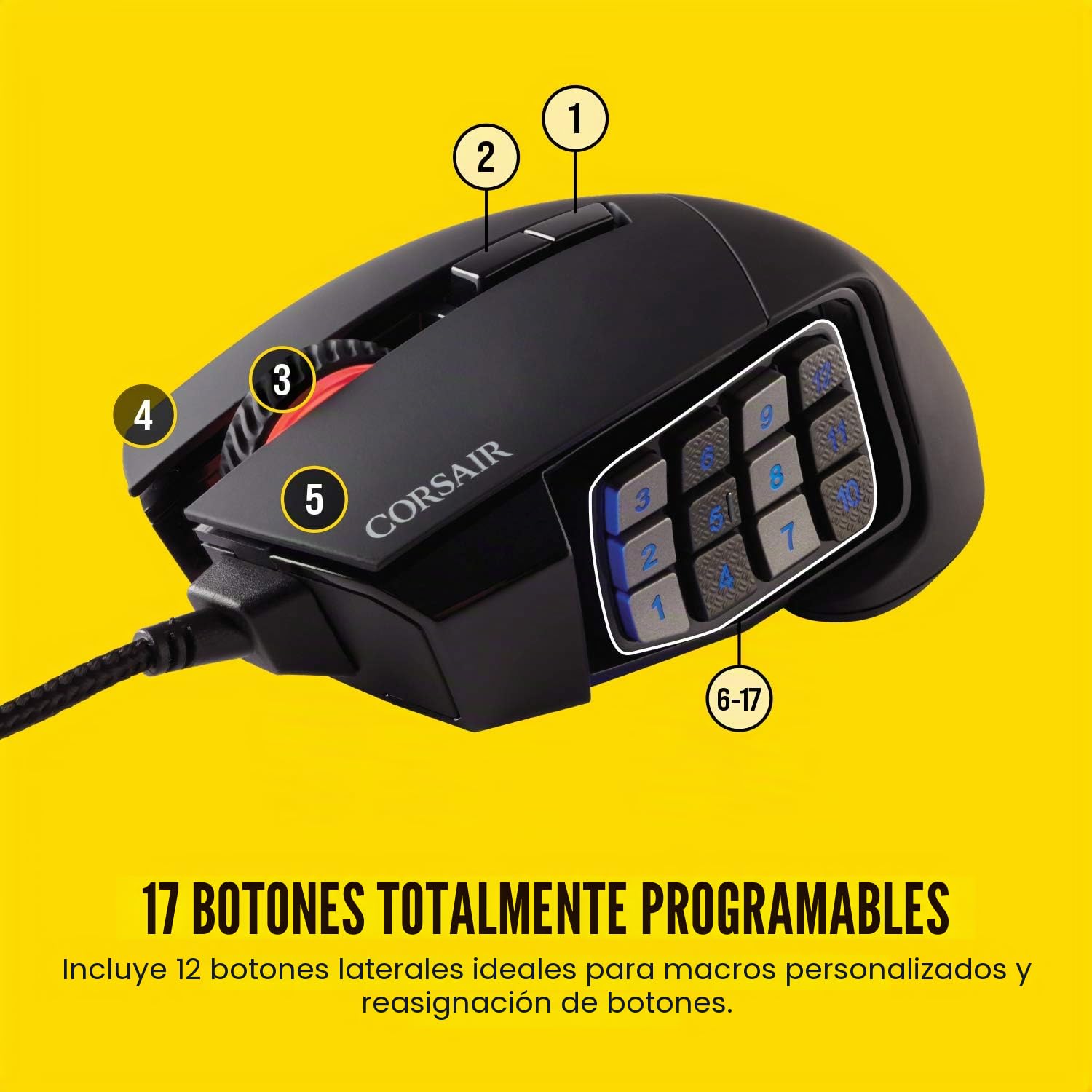 Corsair Scimitar RGB Elite MOBA/MMO Gaming Mouse Negro, Retroiluminado RGB LED, 18000 dpi, Óptico