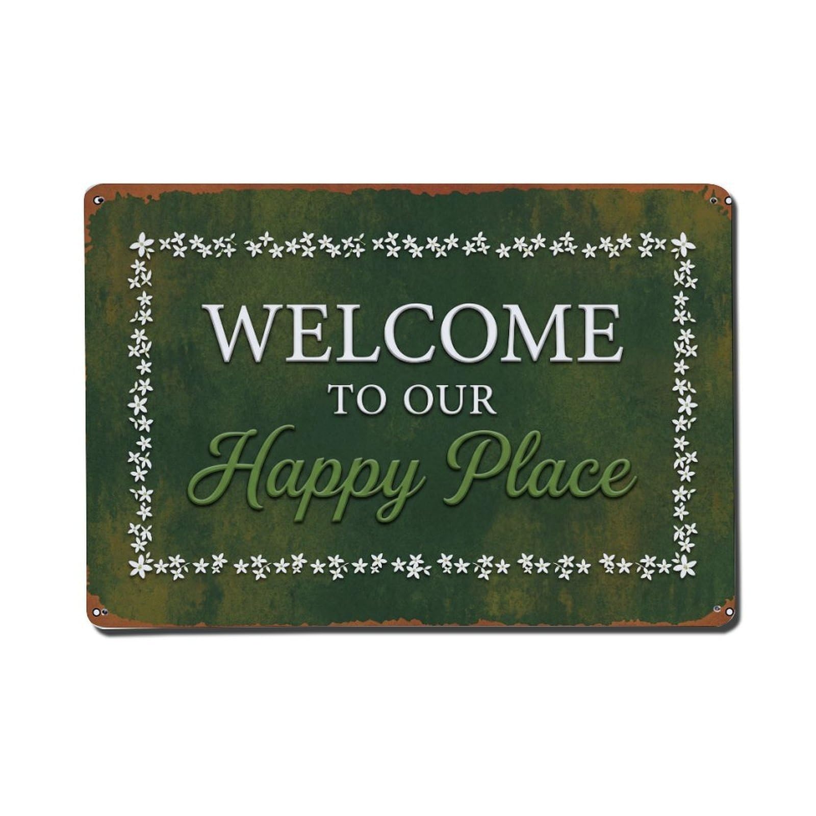 Fqnyr Style Welcome To Our Happy Place Privet Hedge Metal Tin Sign Plaque Wall Decor For Cafe, Club Bar, Office, Home Garden Metal Poster 8X12inch