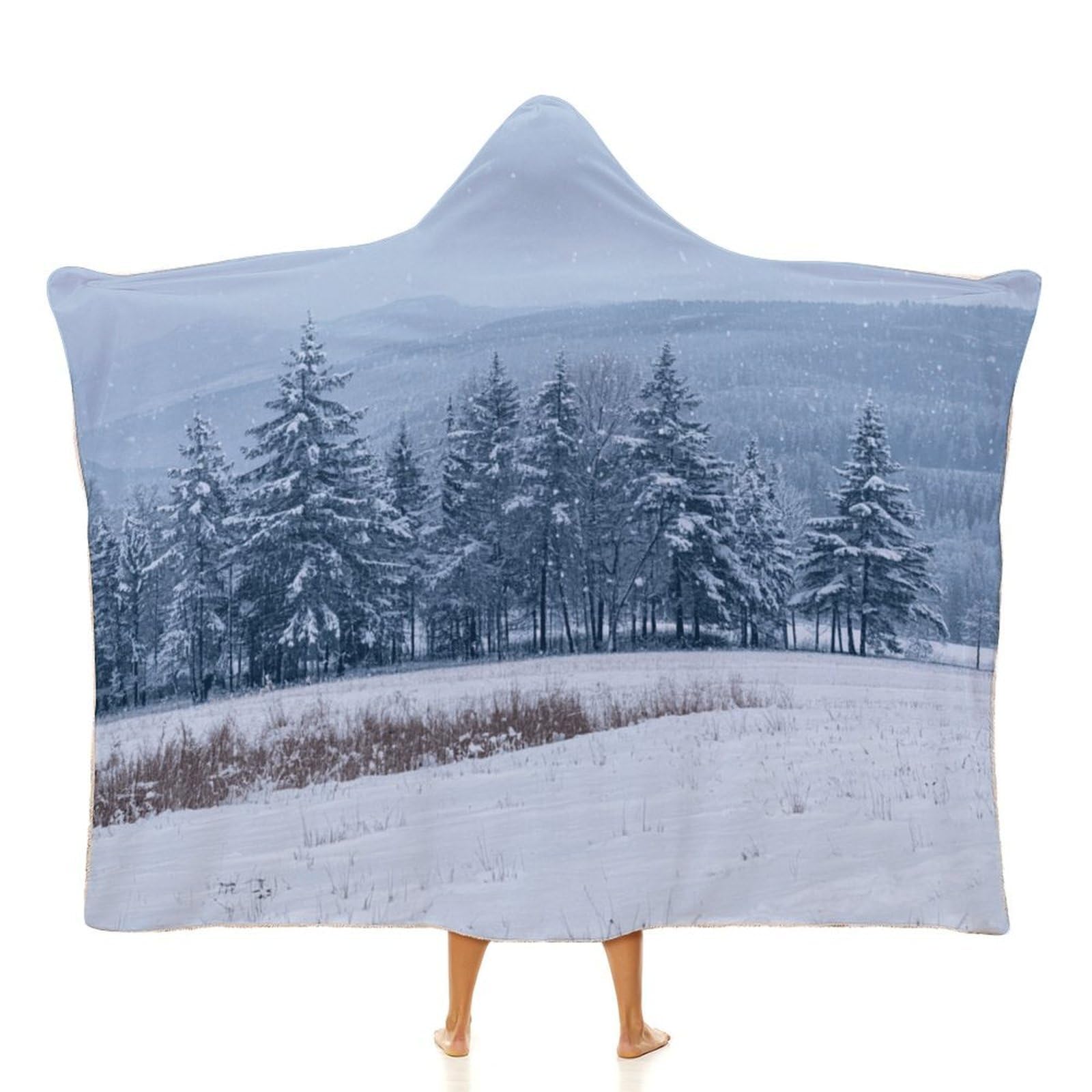 Manta poncho envolvente de gran tamaño, suave y cálida, manta para adultos, manta de pino, nieve, montaña, sudadera con capucha