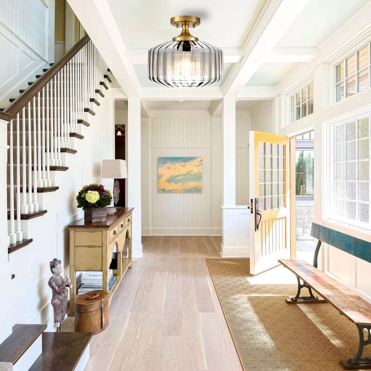 Semi Flush Mount Ceiling Light with 11.02" Clear Seeded Glass Shade, E26 Base Gold Mid Century Chandelier Farmhouse Light Fixture for Hallway Bathroom Entryway