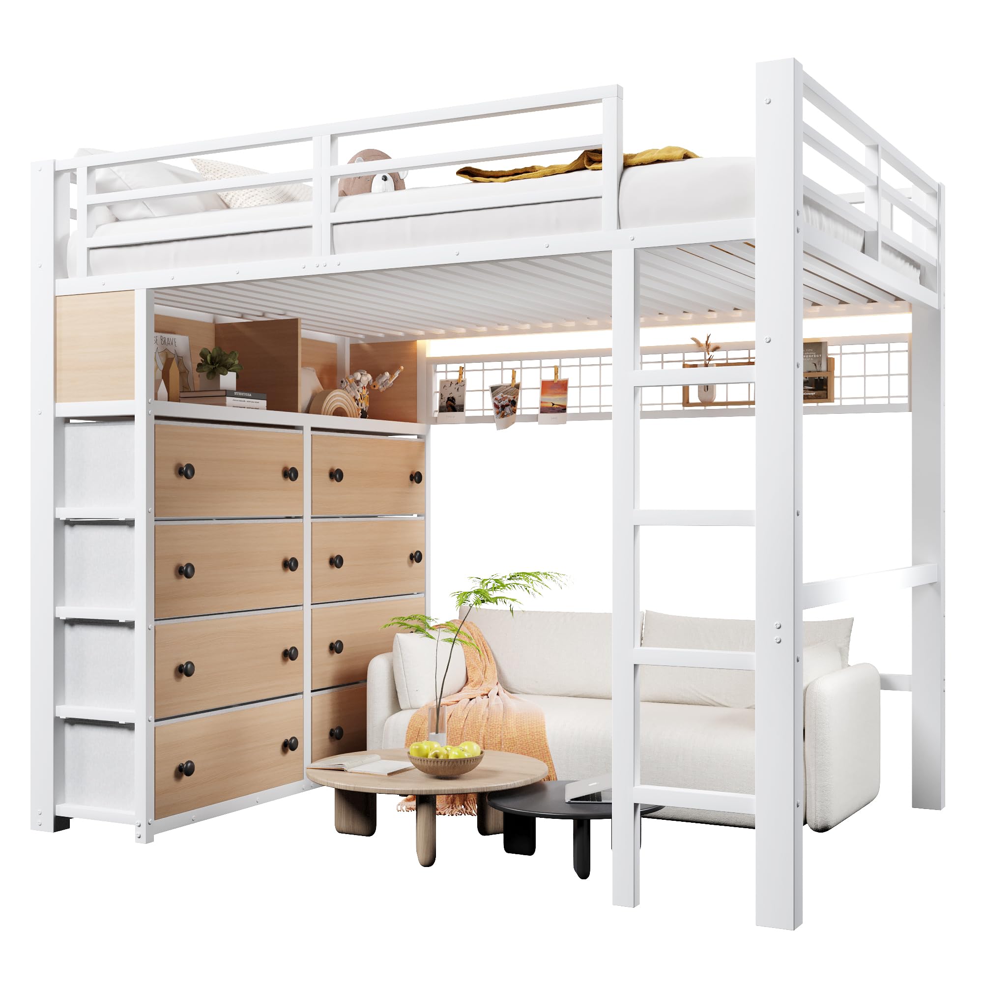 BTM Metall Hochbett 140x200 mit Modulares Schubladen Stauraum Hochbett Jugendliche mit LED, Regalen und Lochwand, Weiß