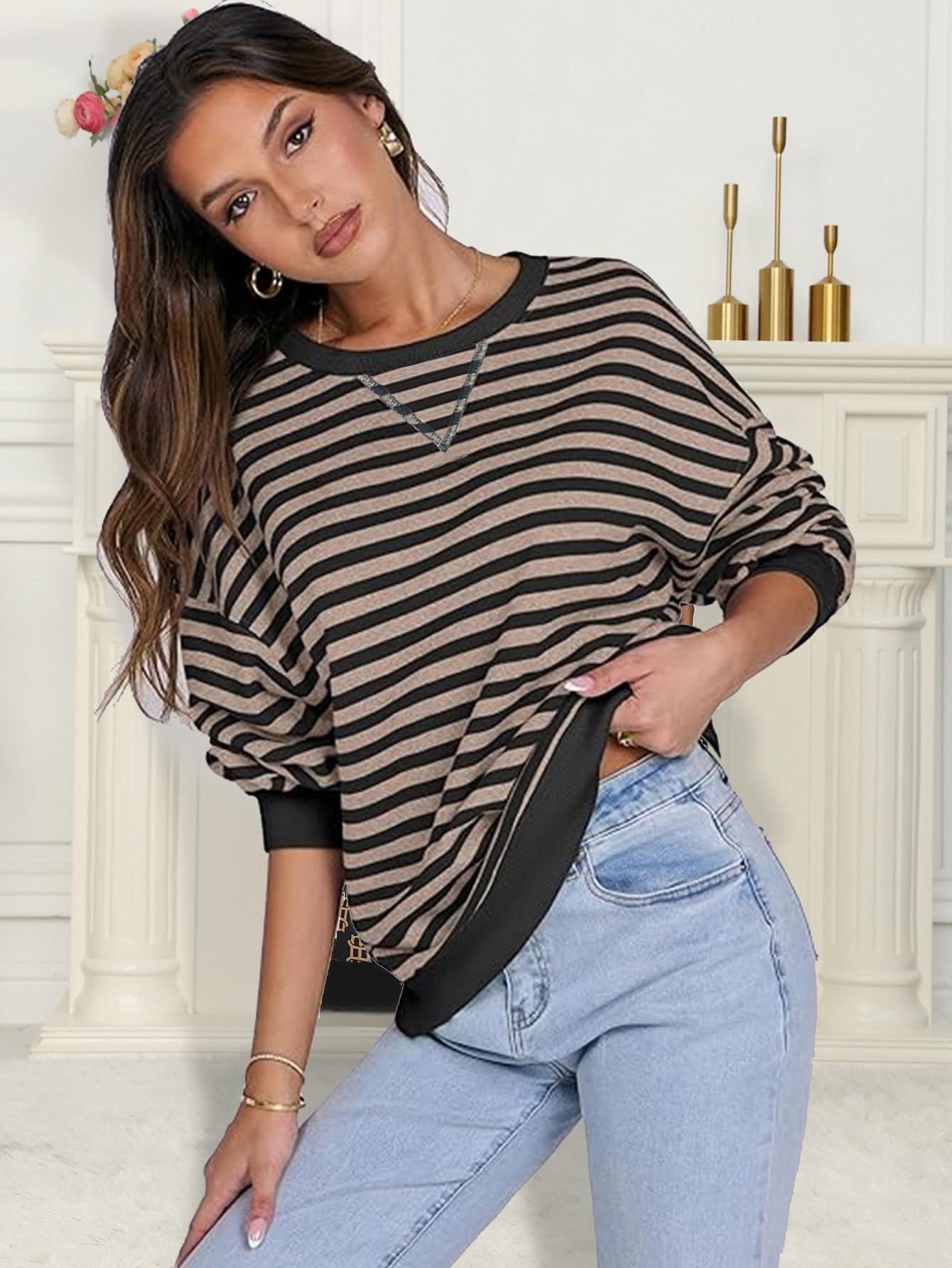 Sudadera a rayas de gran tamaño para mujer, manga larga, cuello redondo, moda de otoño 2026, ropa Y2K — view 2