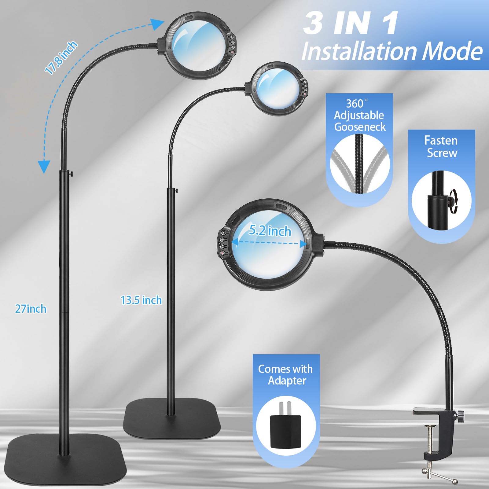 GABORISH 10 lupas de pie con luz y soporte, 3 en 1 con 54 LED, cuello de cisne flexible con abrazadera, 5 modos de color, intensidad regulable, lupa de lectura con luz para personas mayores, grande