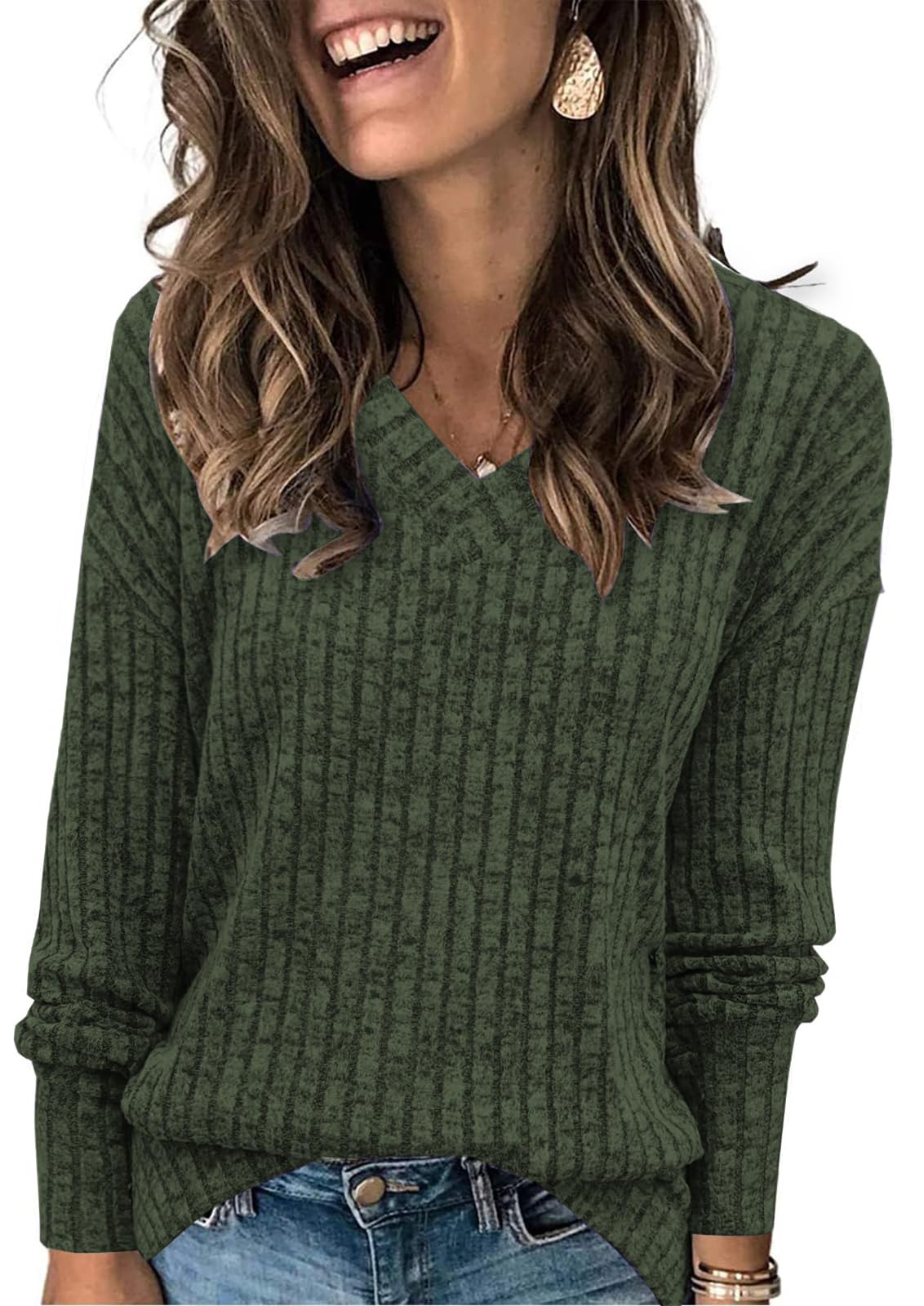 Famulily Pullover für Damen V-Ausschnitt Langarmshirt Leichter Strickpullover Oberteil mit Seitliche Schlitze