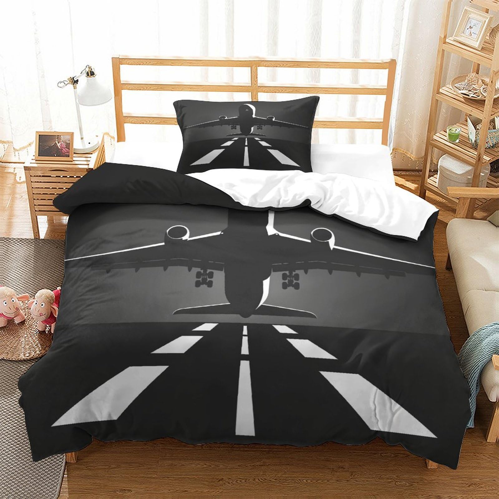 P1S9U7W5Y Night Runway 3D Printed Duvet Cover Set 3pcs Microfiber Aircraft Bedding Set Single（135x200cm）