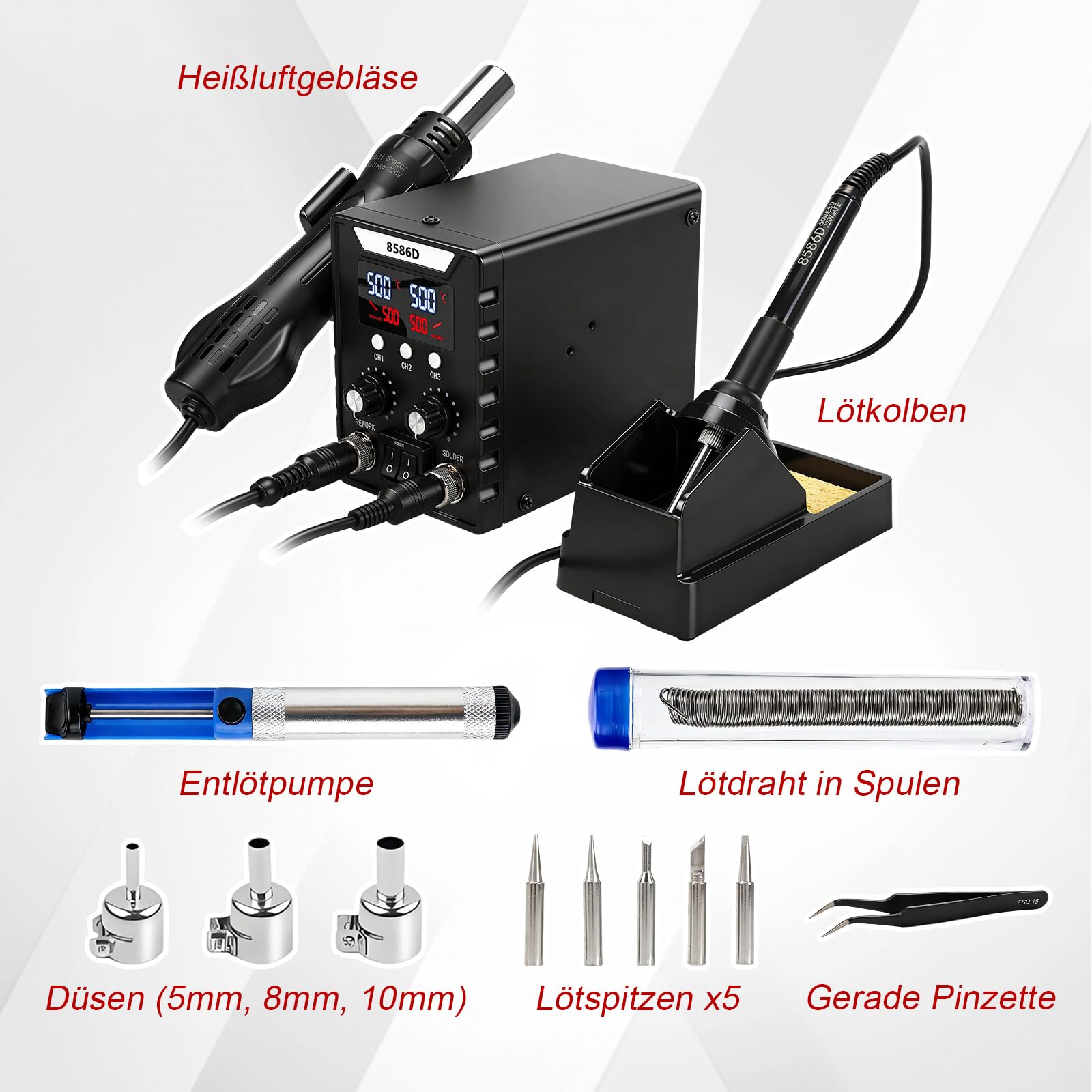 Kit de estación de soldadura de aire caliente 2 en 1, 180 – 500 °C, pantalla digital 8586D, con pistola de calor de 700 W + soldador de 60 W, múltiples puntas, herramienta de desoldadura para soldar y