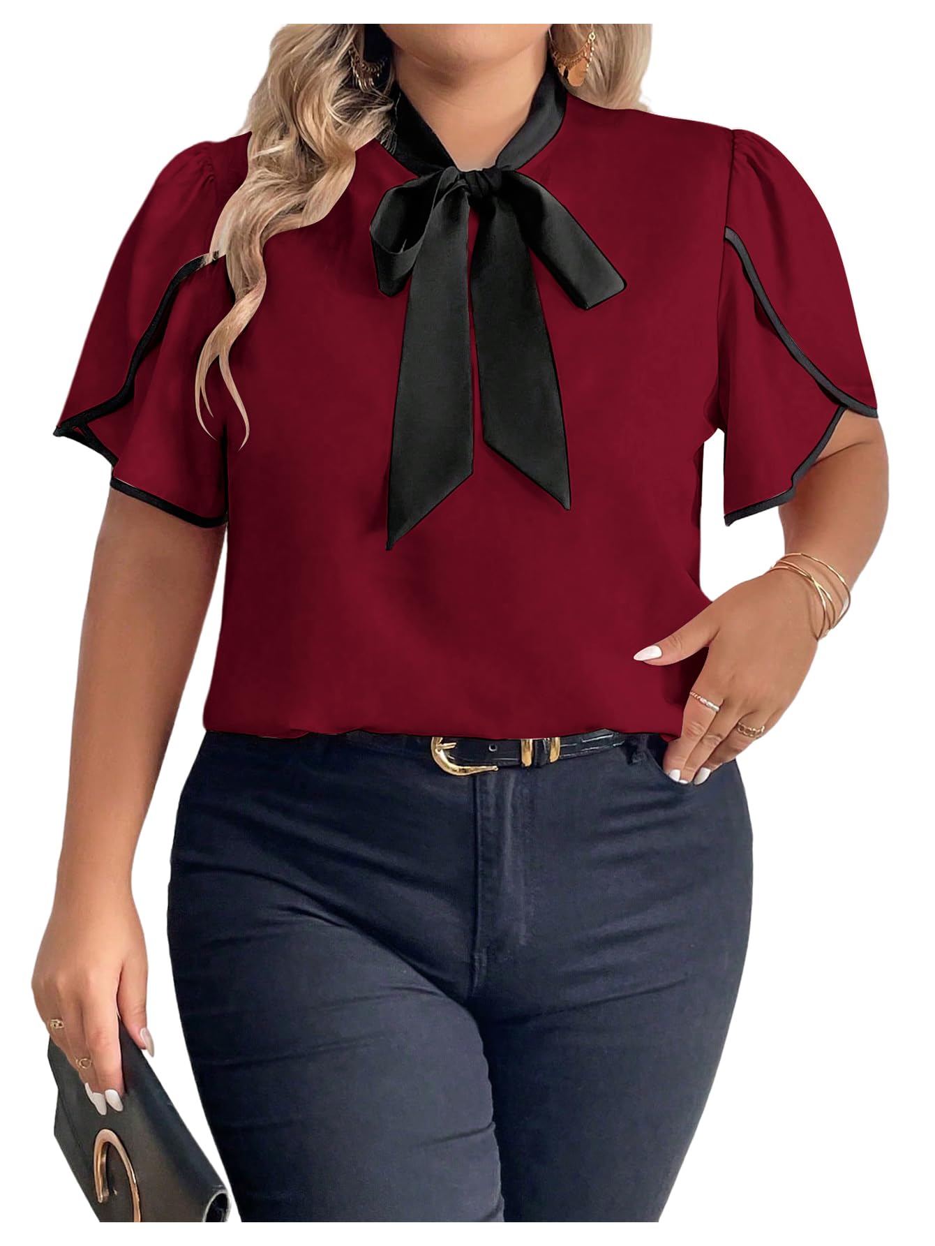 Womens Plus Size Work Office Blouse Bow Tie Neck Petal Sleeve Business Casual Blouse Shirts Top