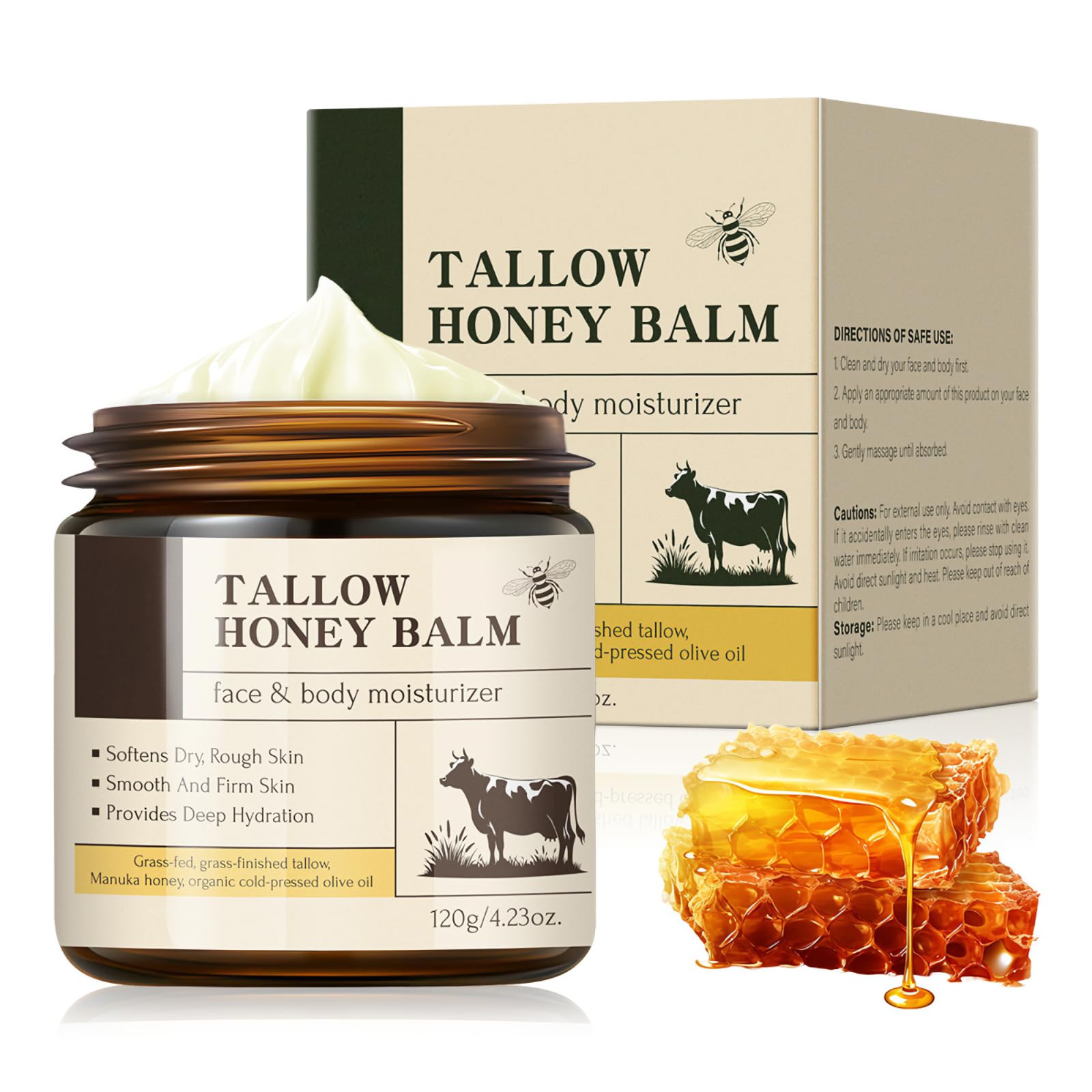 Tallow and Honey Balm for Face and Body Grass-Fed Beef Tallow Moisturizer with Manuka Honey, Deep Hydration and Nourishment, 120g