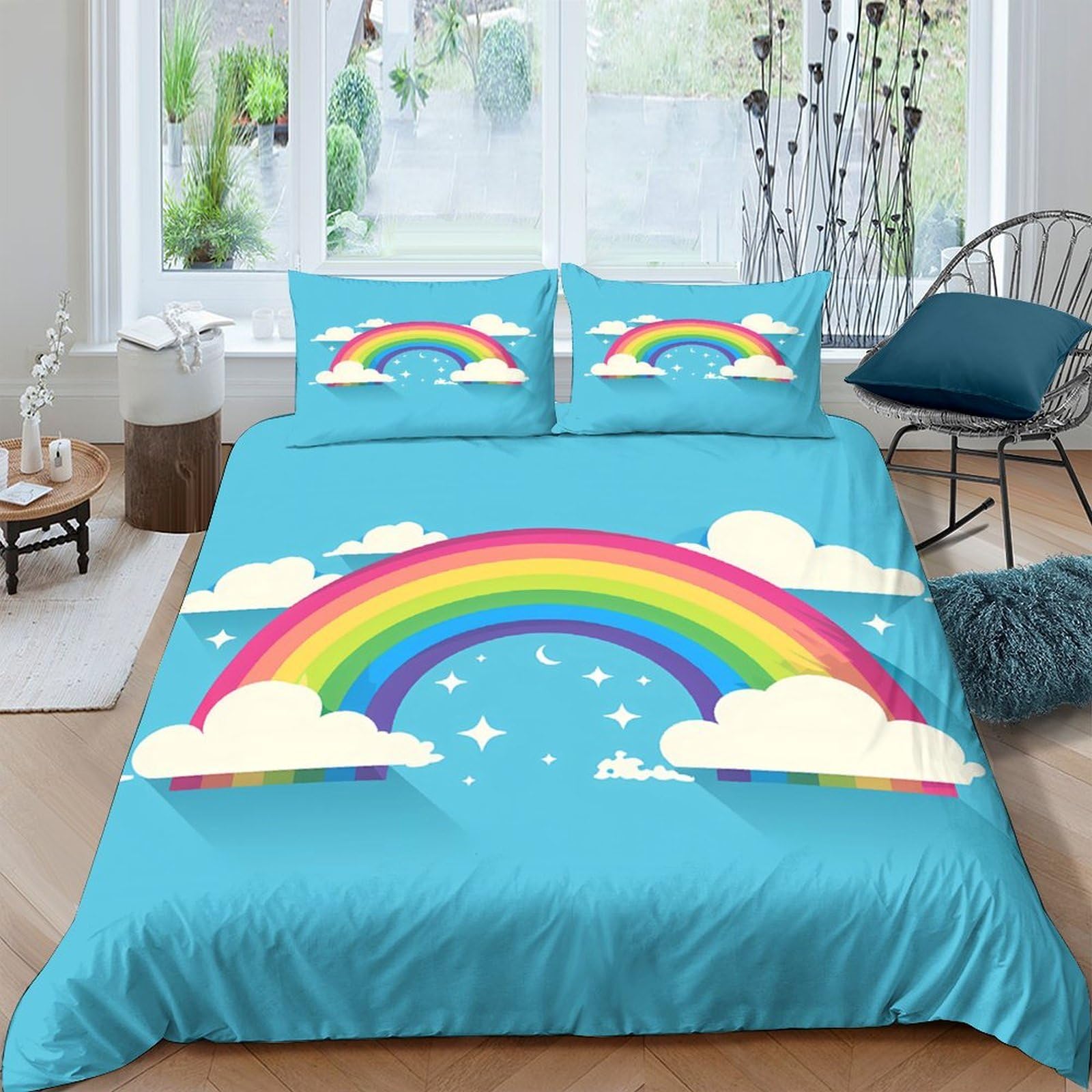 Ctjqhvkz Style-10 3D Printed Rainbow Clouds Fitted Sheet Microfiber Soft Blue Cartoon Bed Cover For Bedroom Guest Room Decor Mattress Protection Single（135X200cm）