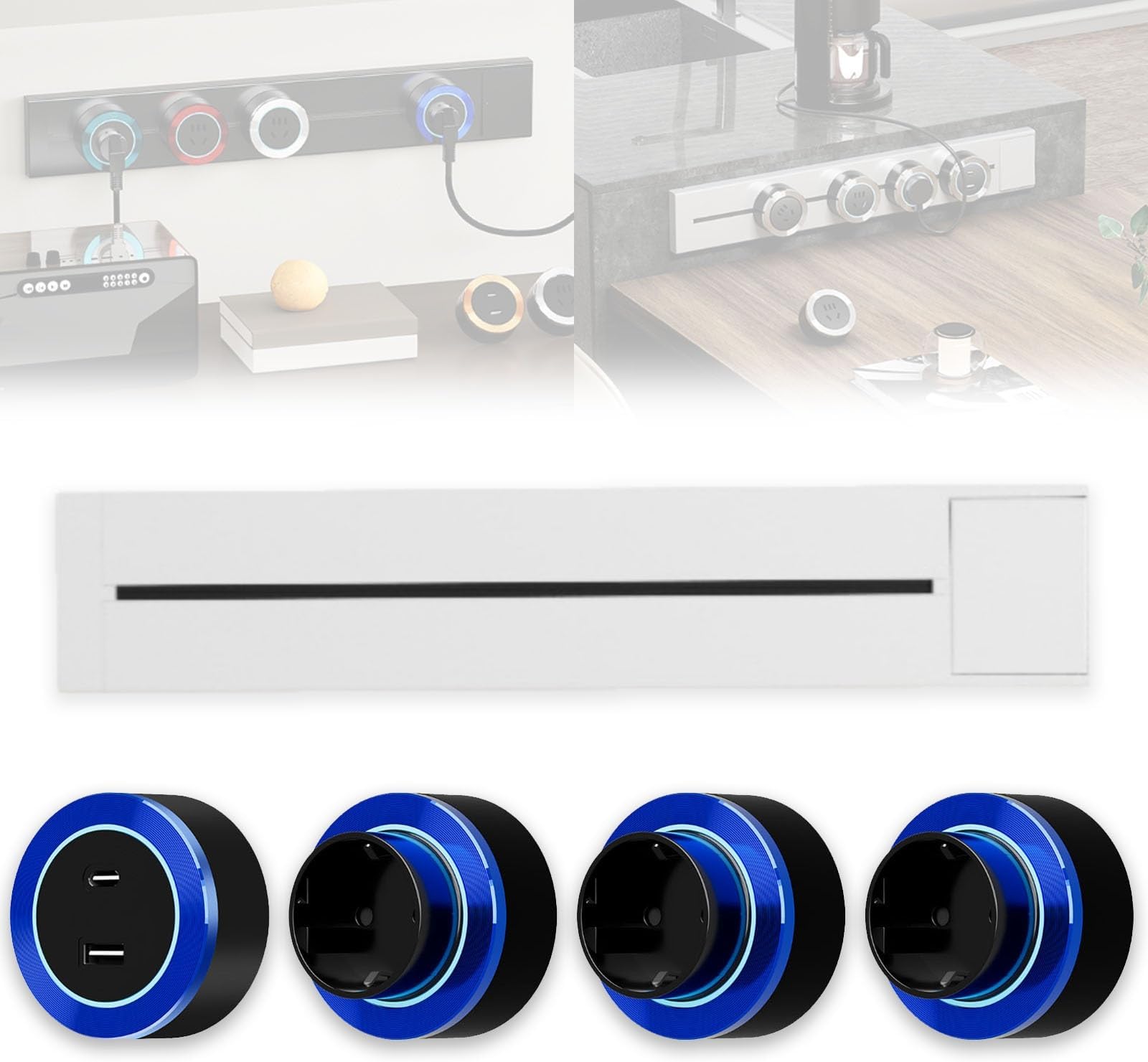 Track Socket with Switch, 8000w Wall Socket, Mobile Power Track Sockets, Modern Rail Tracks for Kitchen Office Living Room(White-blue,50cm)