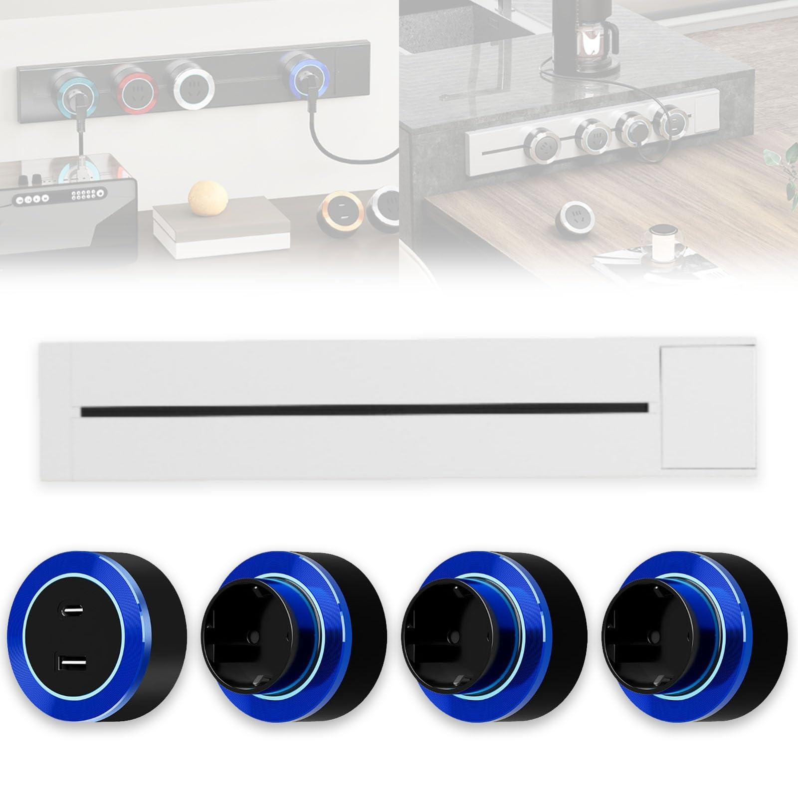 Track Socket with Switch, 8000w Wall Socket, Mobile Power Track Sockets, Modern Rail Tracks for Kitchen Office Living Room(White-blue,50cm)